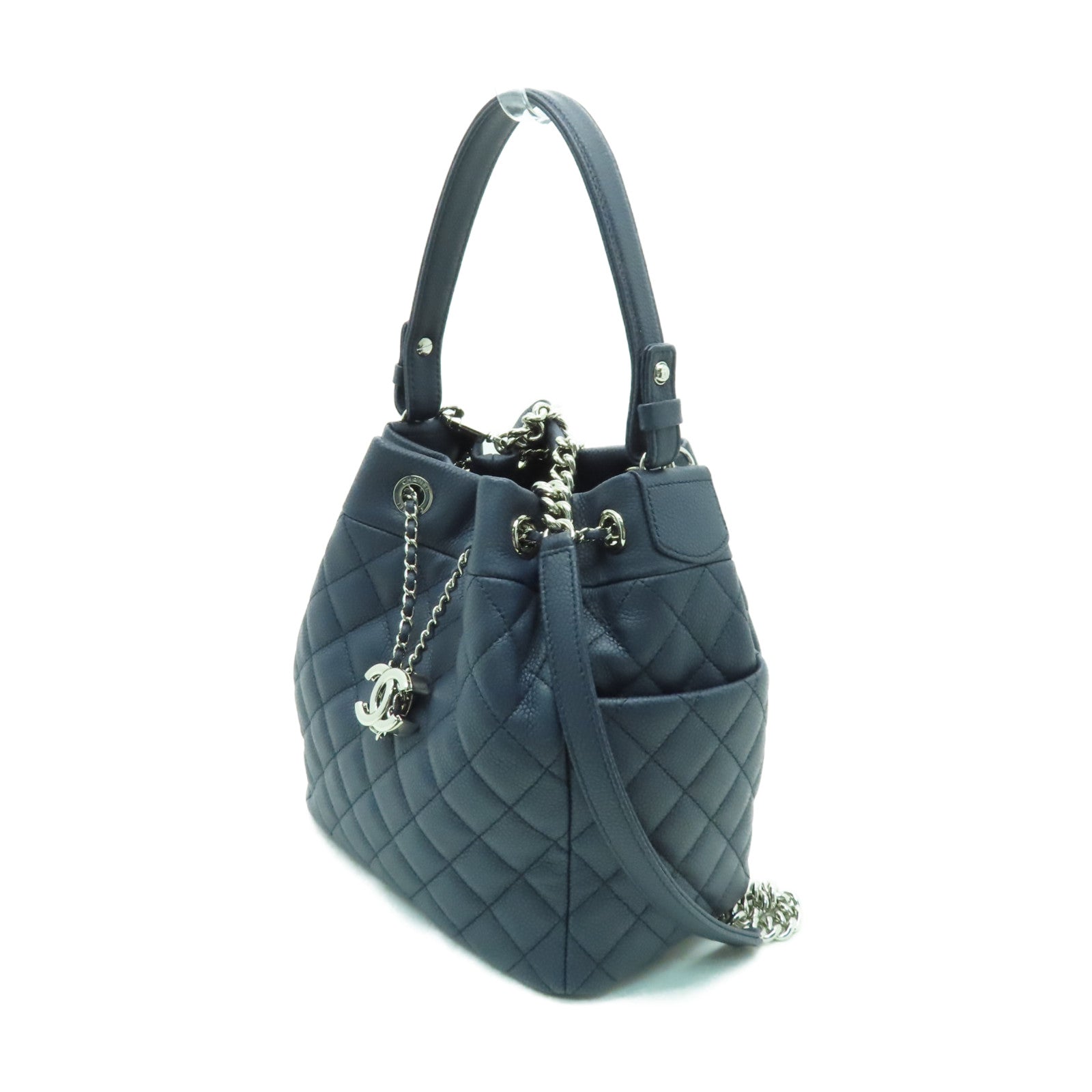 CHANEL 菱格Caviar皮革２Way Shoulder銀扣手挽肩背兩用袋藍色