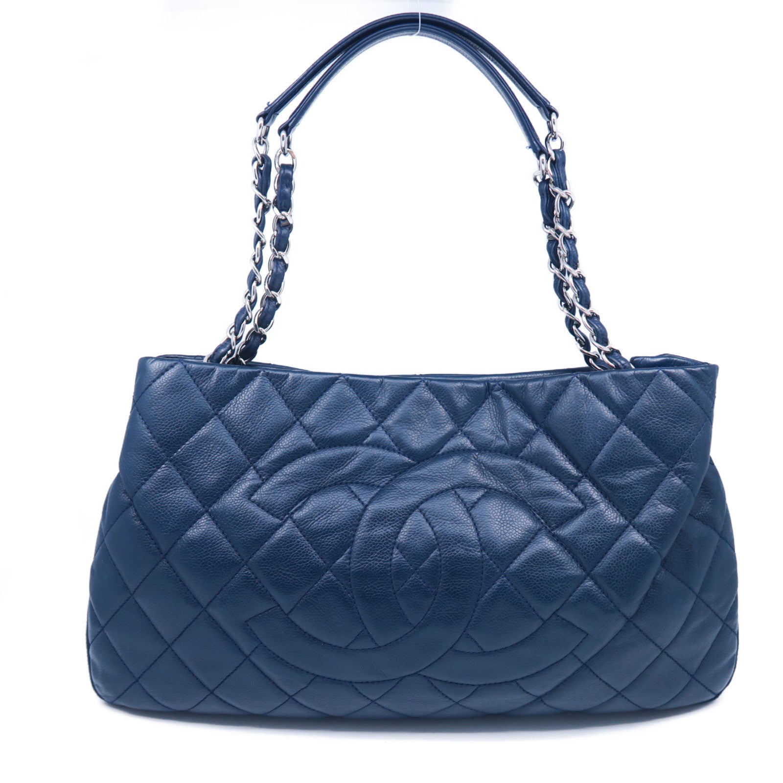 CHANEL 菱格牛皮皮革Chain Shoulder Bag銀扣鏈帶肩背袋藍色
