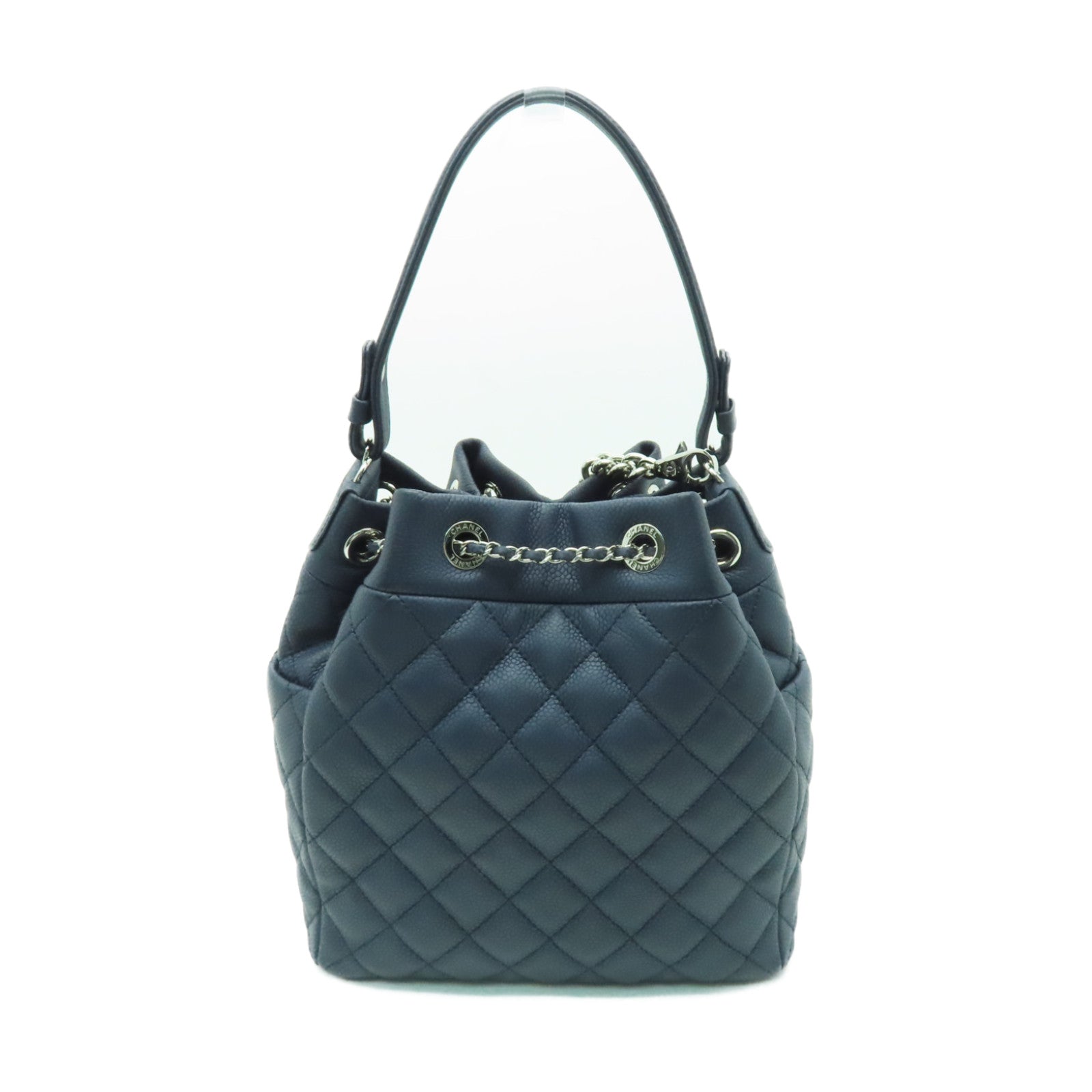 CHANEL 菱格Caviar皮革２Way Shoulder銀扣手挽肩背兩用袋藍色