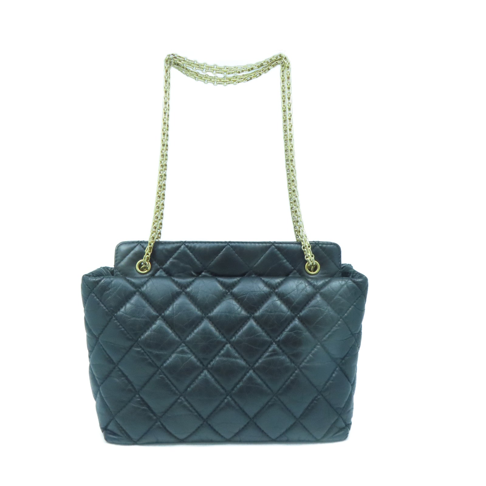 CHANEL Rhombus Aged Calf Leather 2.55 Gold Buckle Shoulder Bag Black