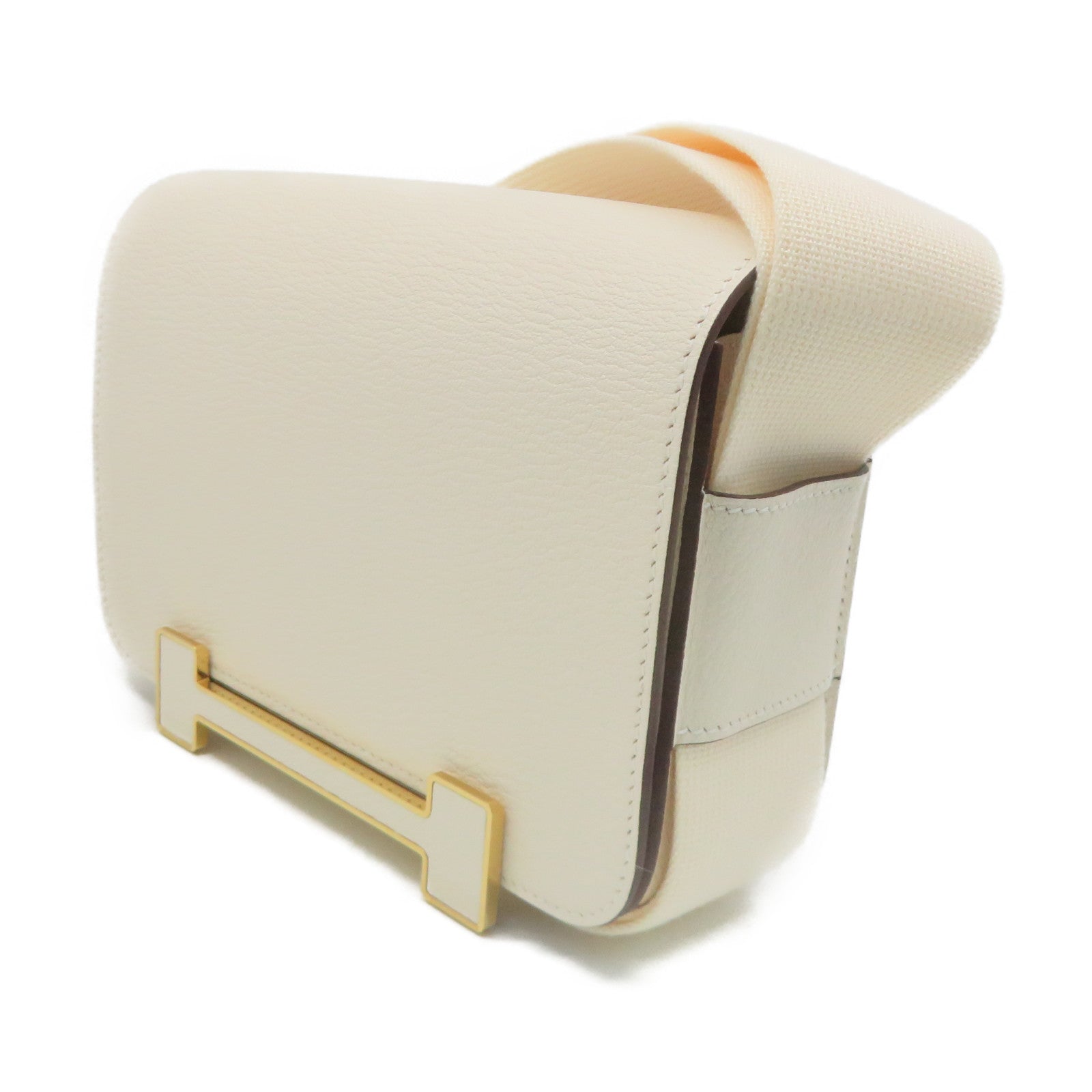HERMES Chevre皮革Geta Shoulder Bag金扣肩背袋Nata奶油白色