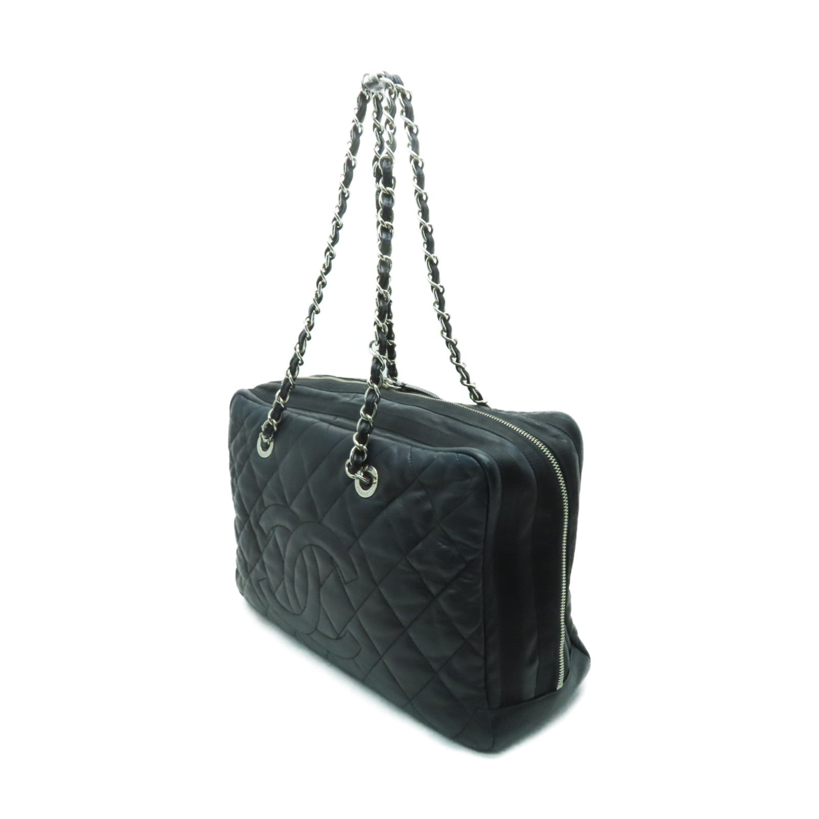 CHANEL 菱格牛皮皮革Chain Shoulder Bag銀扣鏈帶肩背袋黒色
