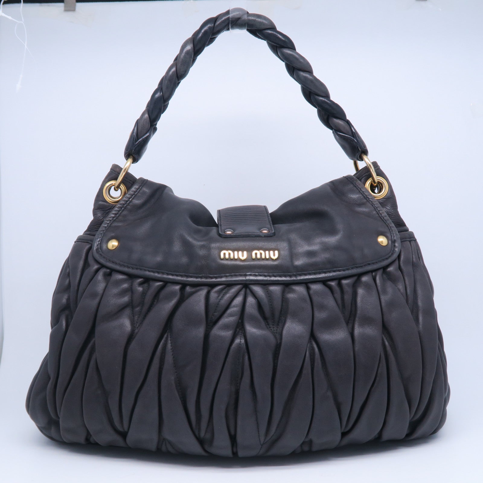 Miu Miu 牛皮皮革2 Way Bag金扣手挽肩背兩用袋黑色