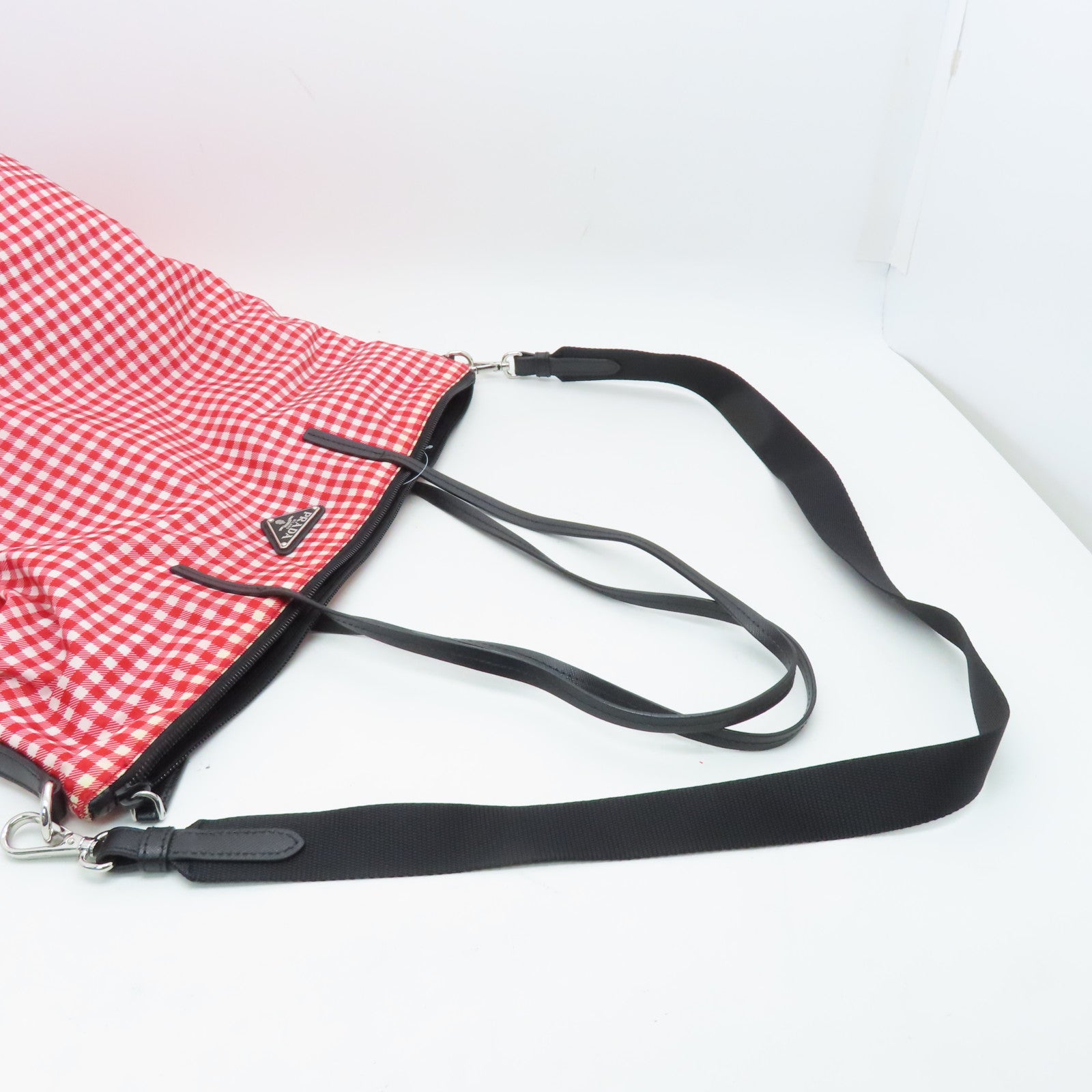 PRADA Nylon 2Way Tote Bag Silver Buckle Hand Shoulder Dual-use Bag Red Checkered