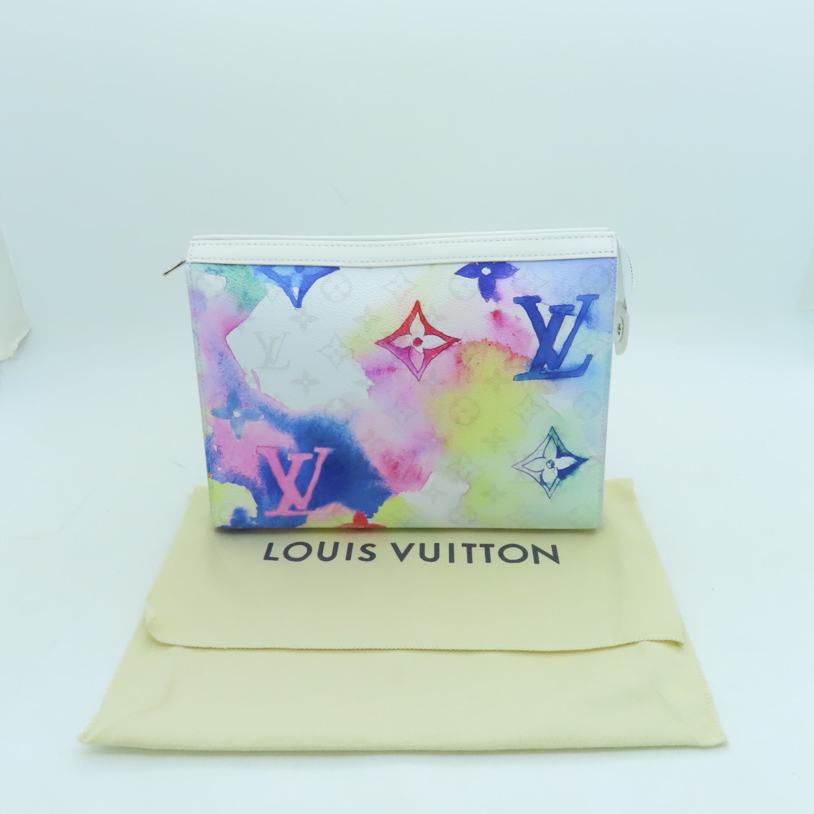 LOUIS VUITTON 【激減優惠】Monogram Watercolor Pochette Voyage MM銀扣手拿包白色/彩色
