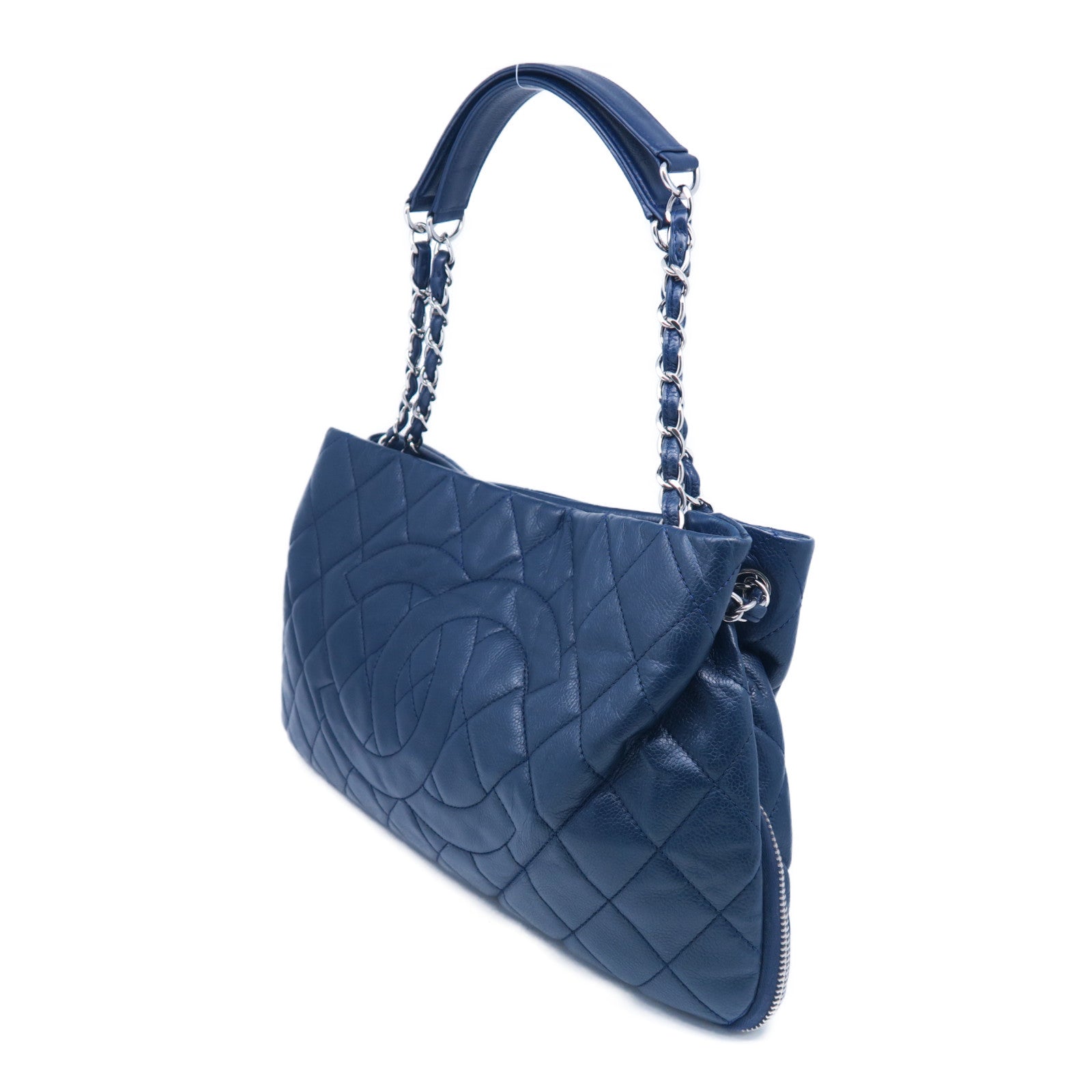 CHANEL 菱格牛皮皮革Chain Shoulder Bag銀扣鏈帶肩背袋藍色