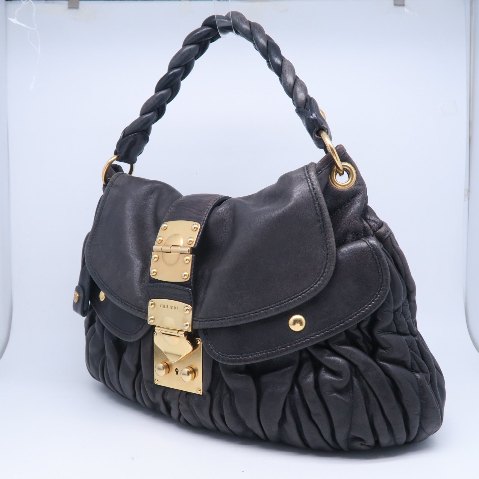 Miu Miu 牛皮皮革2 Way Bag金扣手挽肩背兩用袋黑色