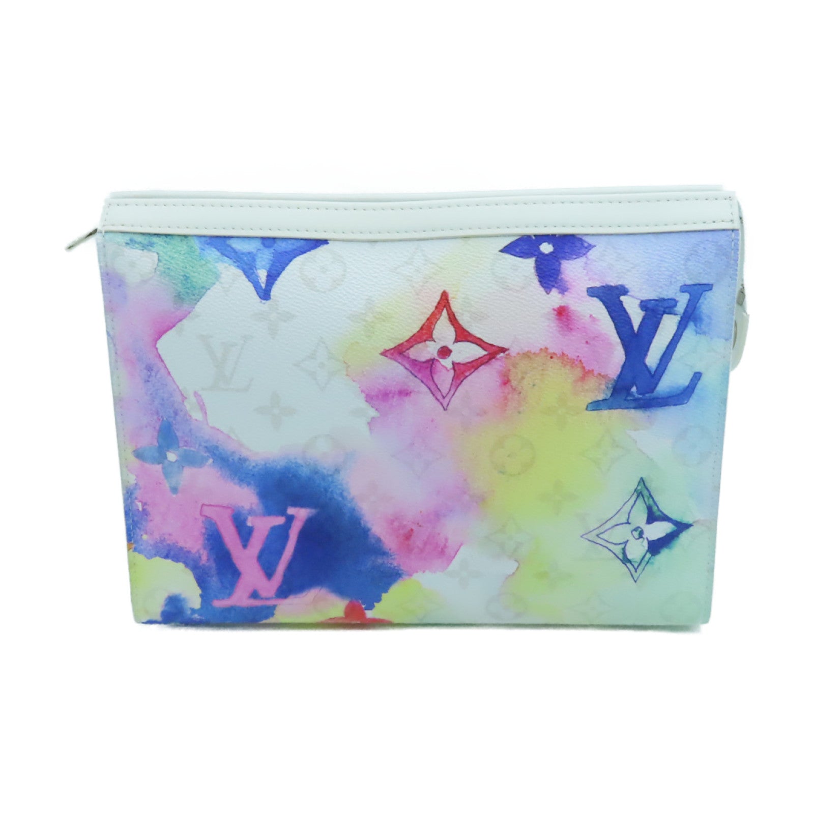 LOUIS VUITTON 【激減優惠】Monogram Watercolor Pochette Voyage MM銀扣手拿包白色/彩色