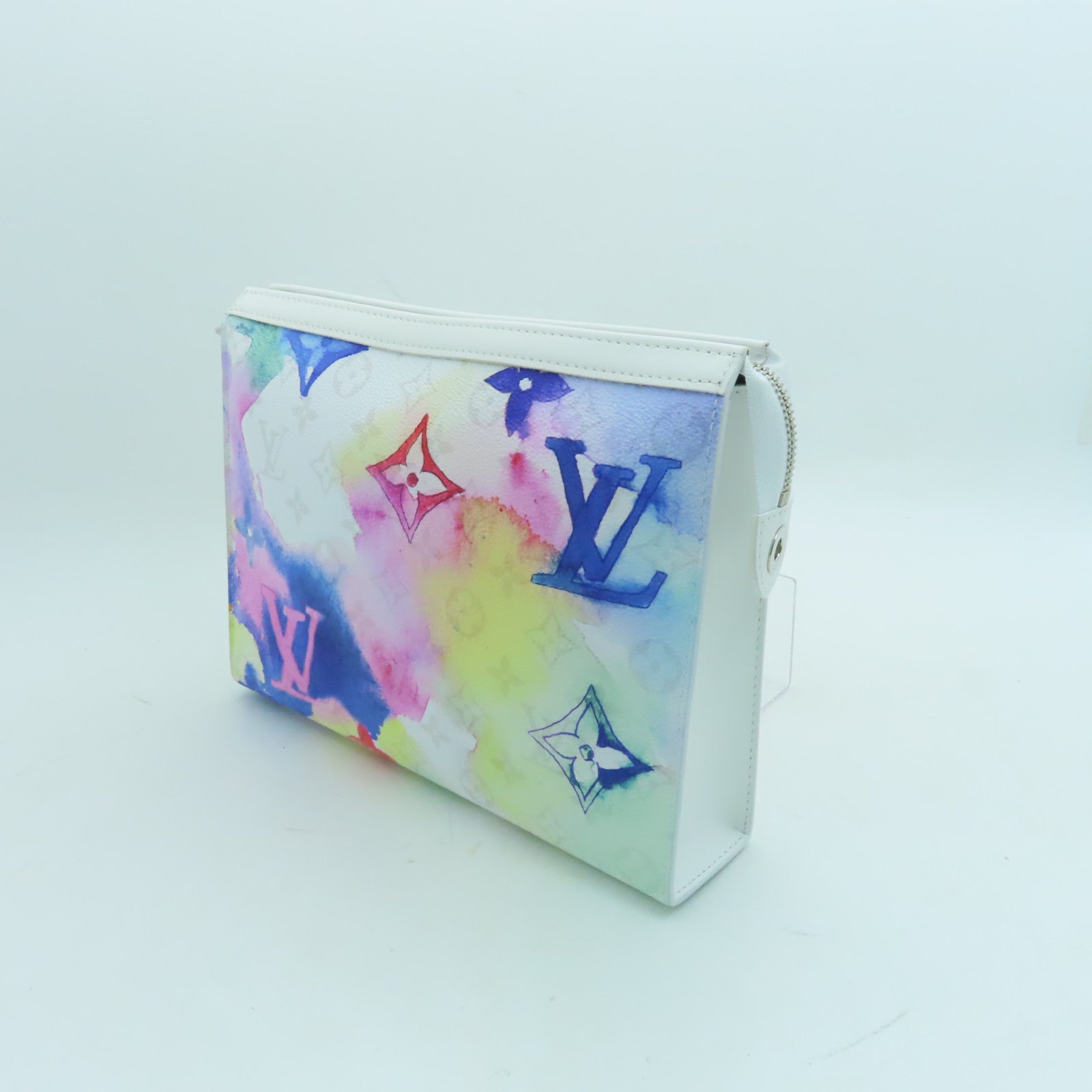 LOUIS VUITTON 【激減優惠】Monogram Watercolor Pochette Voyage MM銀扣手拿包白色/彩色