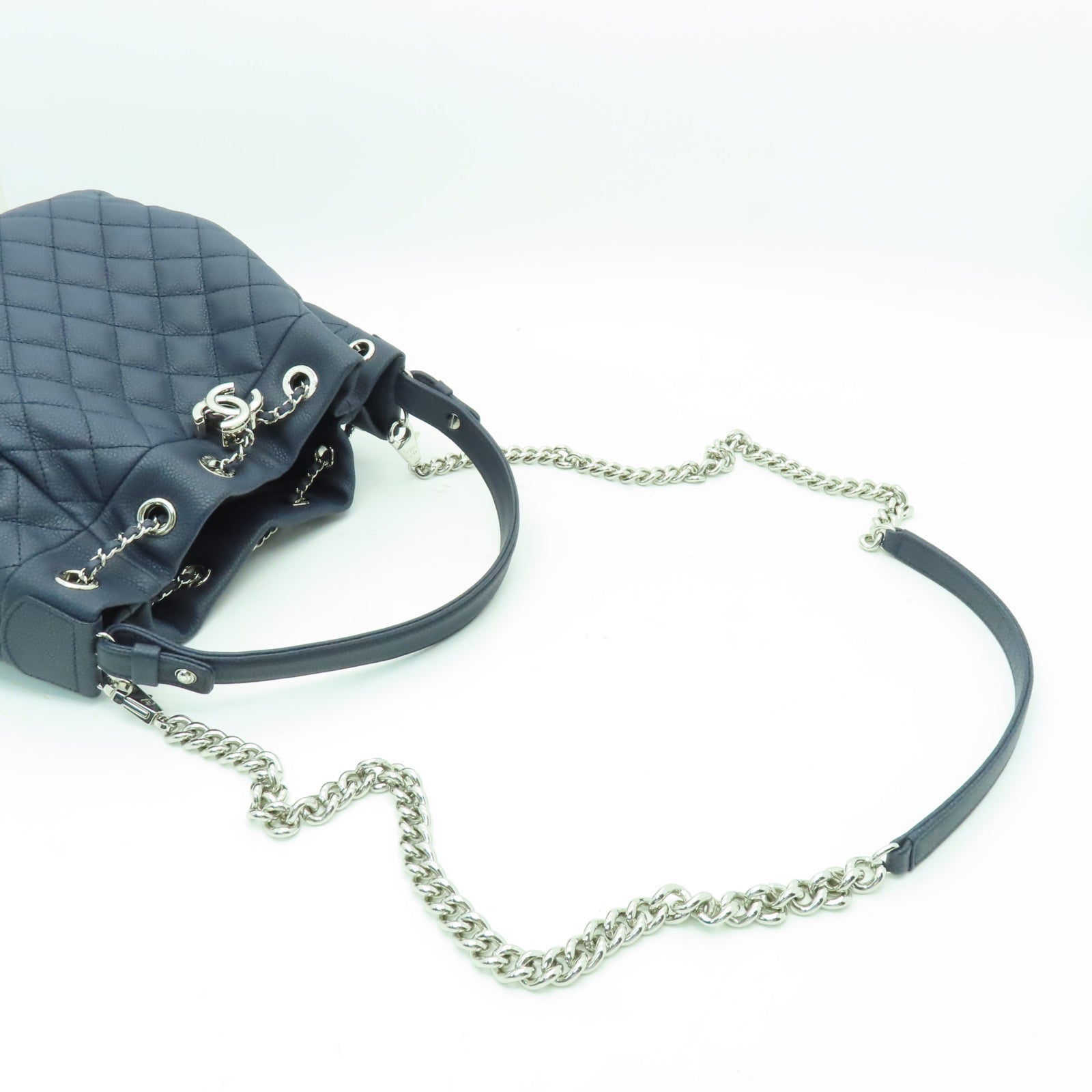 CHANEL 菱格Caviar皮革２Way Shoulder銀扣手挽肩背兩用袋藍色