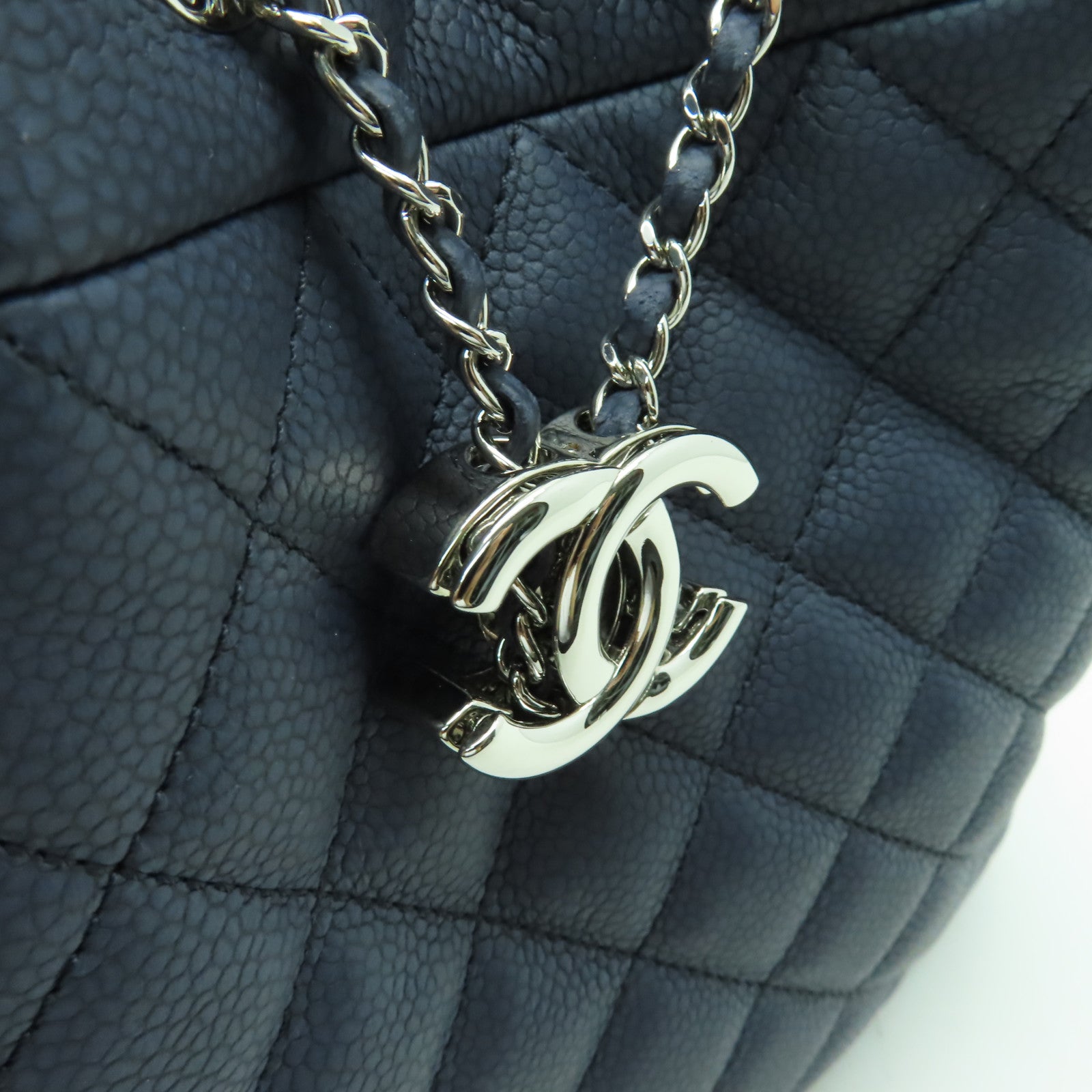 CHANEL 菱格Caviar皮革２Way Shoulder銀扣手挽肩背兩用袋藍色