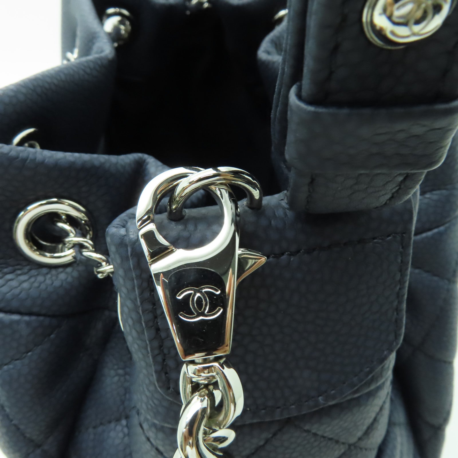 CHANEL 菱格Caviar皮革２Way Shoulder銀扣手挽肩背兩用袋藍色