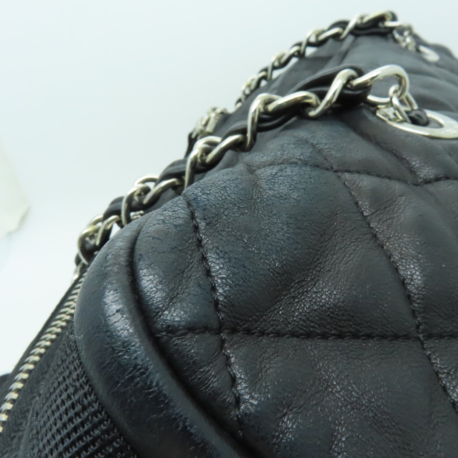 CHANEL 菱格牛皮皮革Chain Shoulder Bag銀扣鏈帶肩背袋黒色