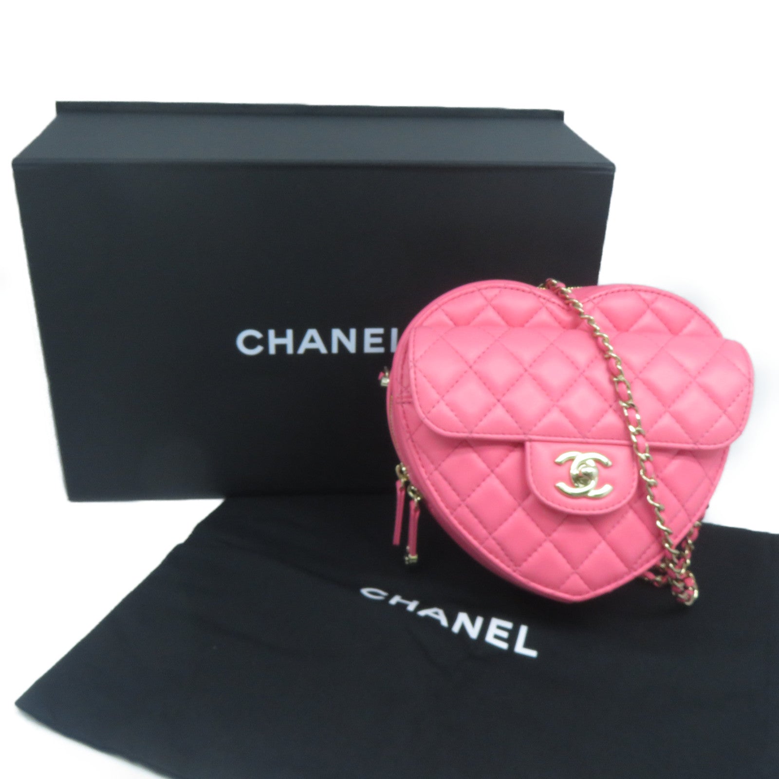 CHANEL 菱格羊皮皮革Heart Chain Bag金扣鏈帶肩背袋桃紅色
