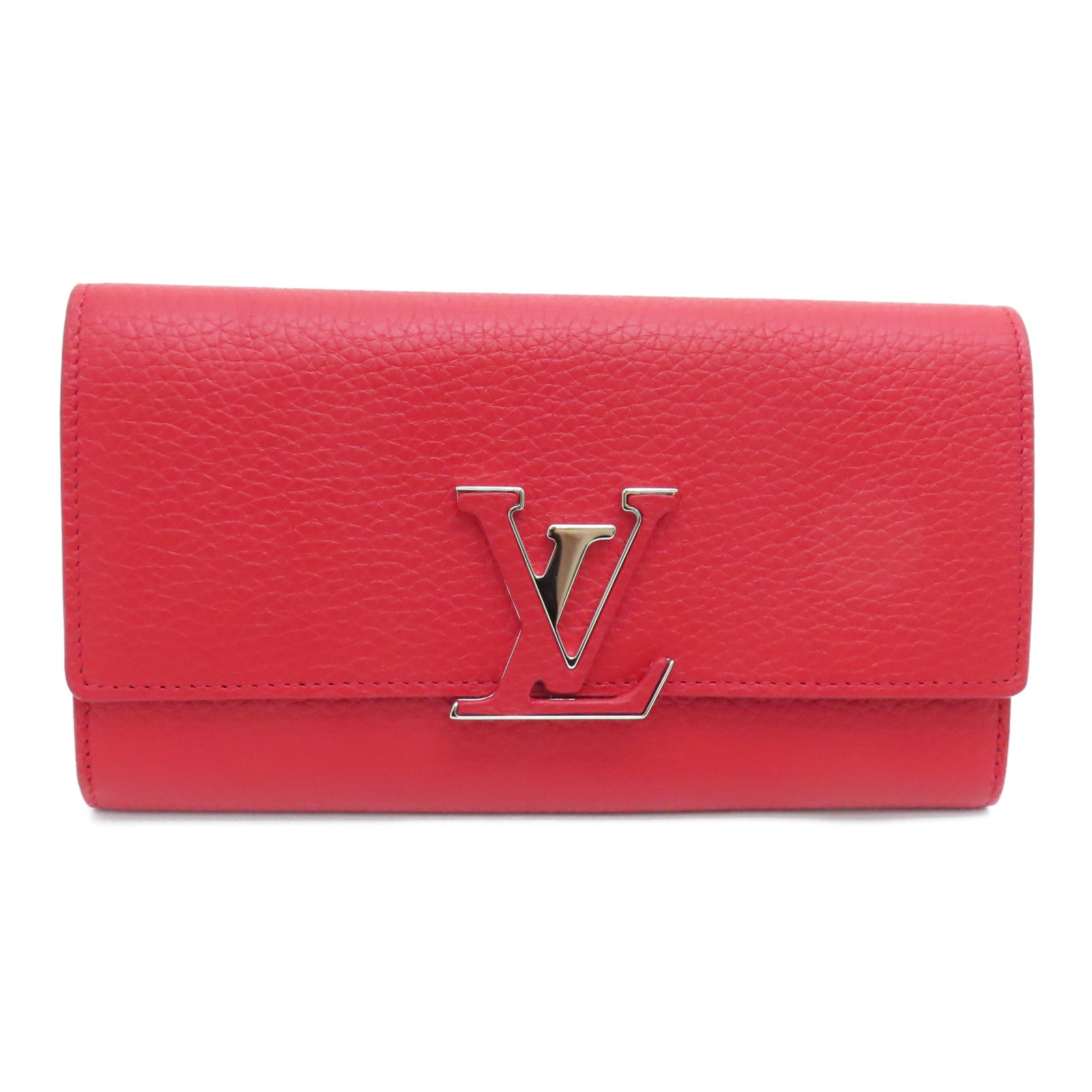 LOUIS VUITTON 牛皮皮革Capucines Wallet银扣长钱包红色
