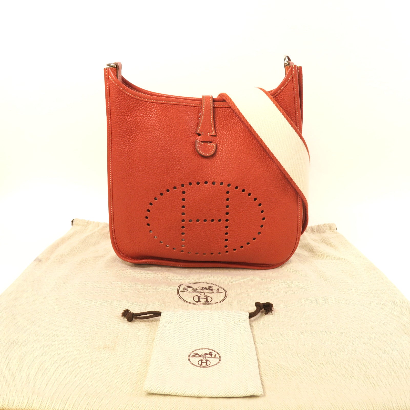 HERMES Clemence皮革Evelyne PM銀扣肩背袋橙色
