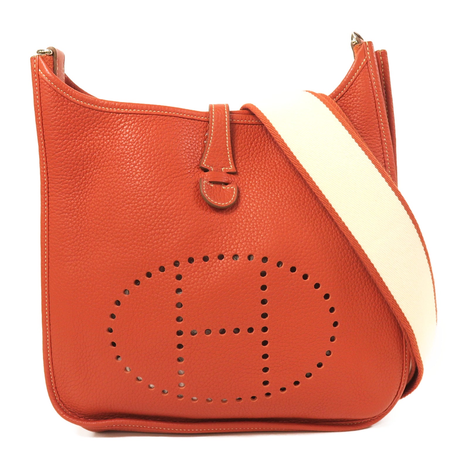HERMES Clemence皮革Evelyne PM銀扣肩背袋橙色
