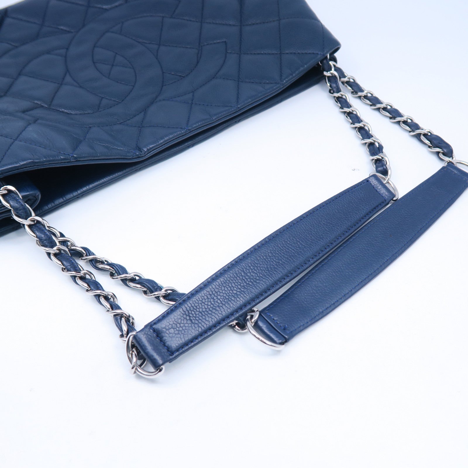 CHANEL 菱格牛皮皮革Chain Shoulder Bag銀扣鏈帶肩背袋藍色