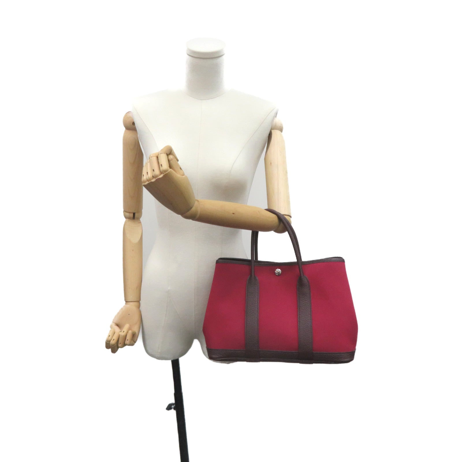 HERMES 【激減優惠】Toile H帆布Garden Party TPM Hand Bag銀扣手挽袋OG酒紅色