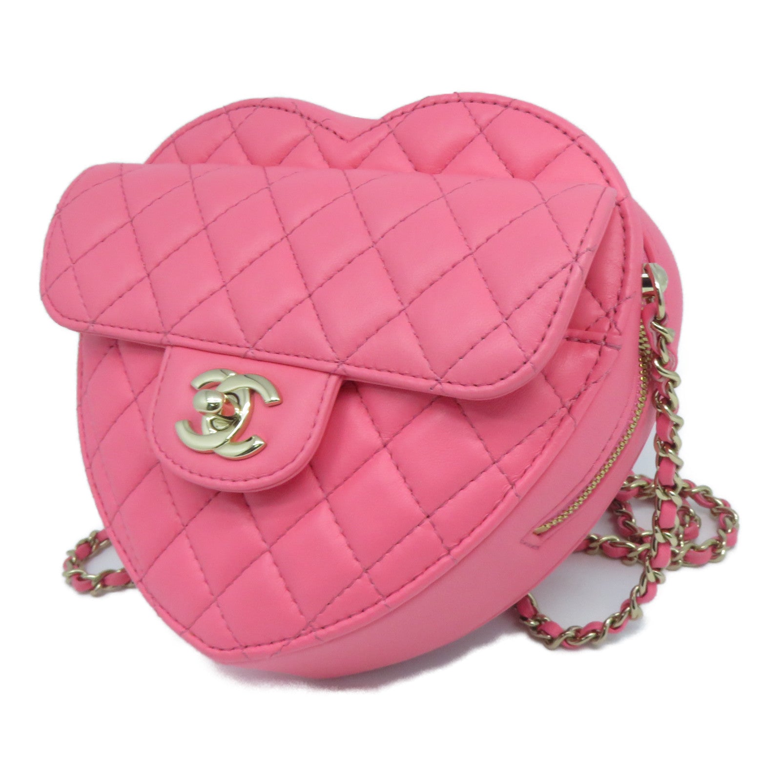 CHANEL 菱格羊皮皮革Heart Chain Bag金扣鏈帶肩背袋桃紅色