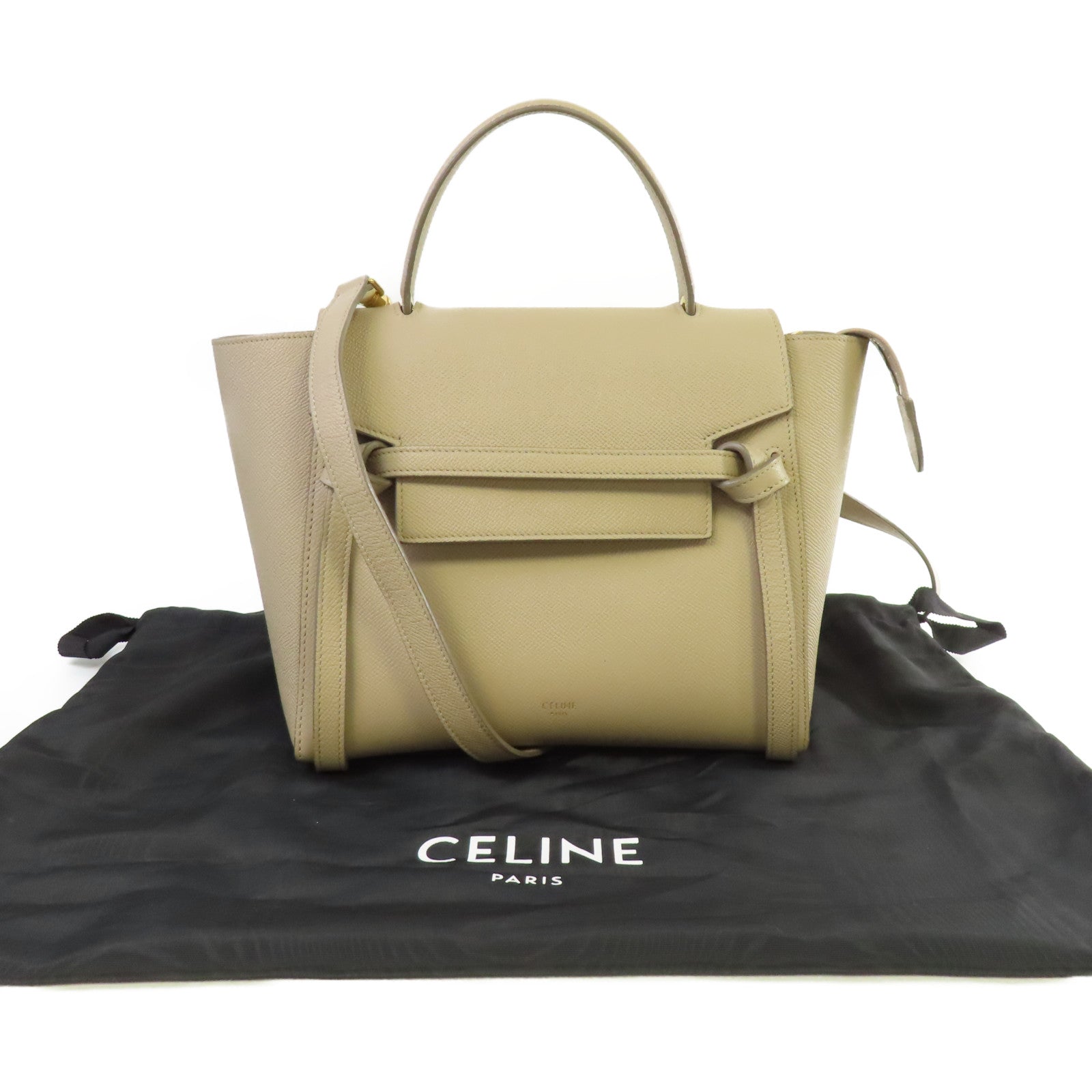 CELINE 牛皮皮革Micro Belt Bag 2Way Shoulder Bag金扣手挽肩背兩用袋杏色