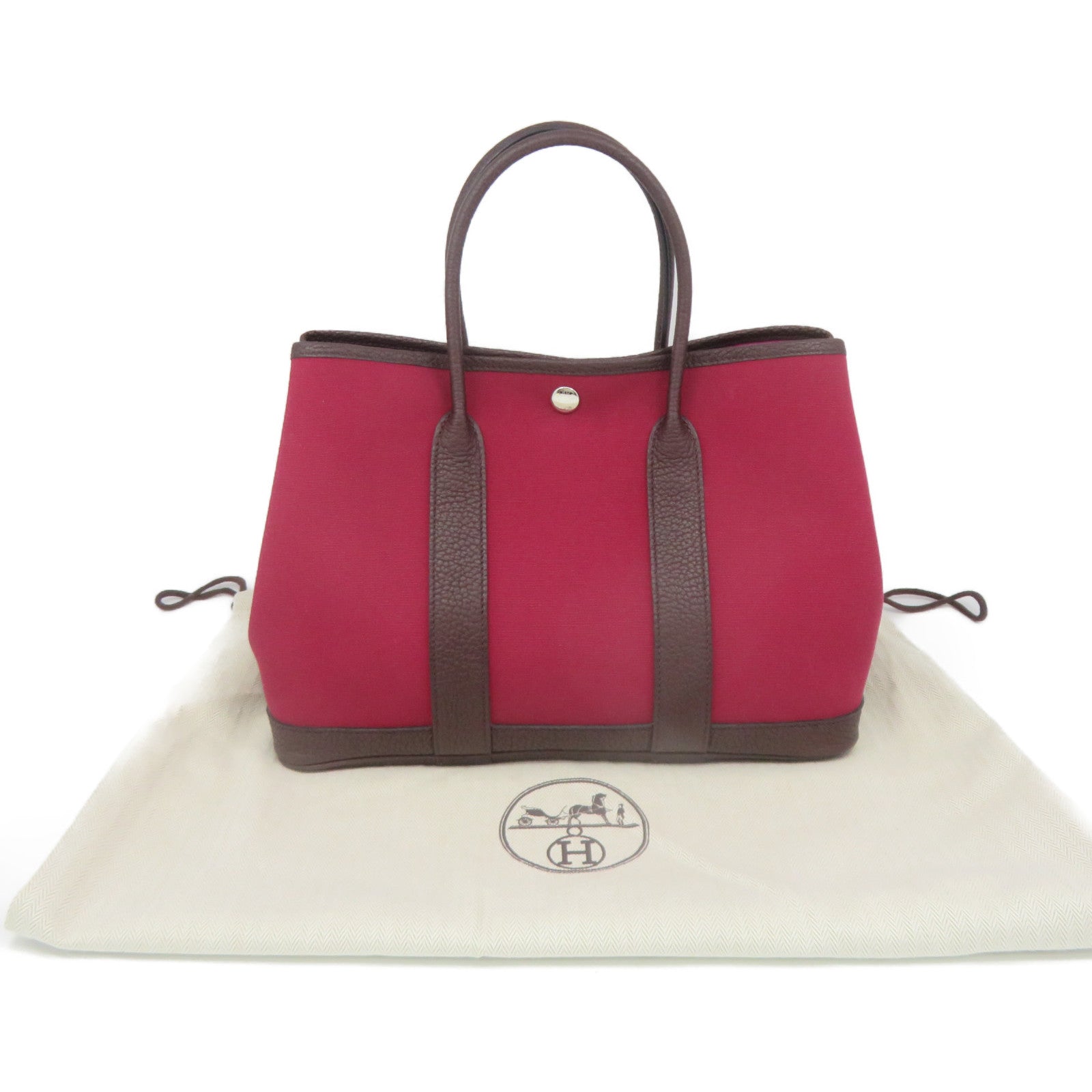 HERMES 【激減優惠】Toile H帆布Garden Party TPM Hand Bag銀扣手挽袋OG酒紅色