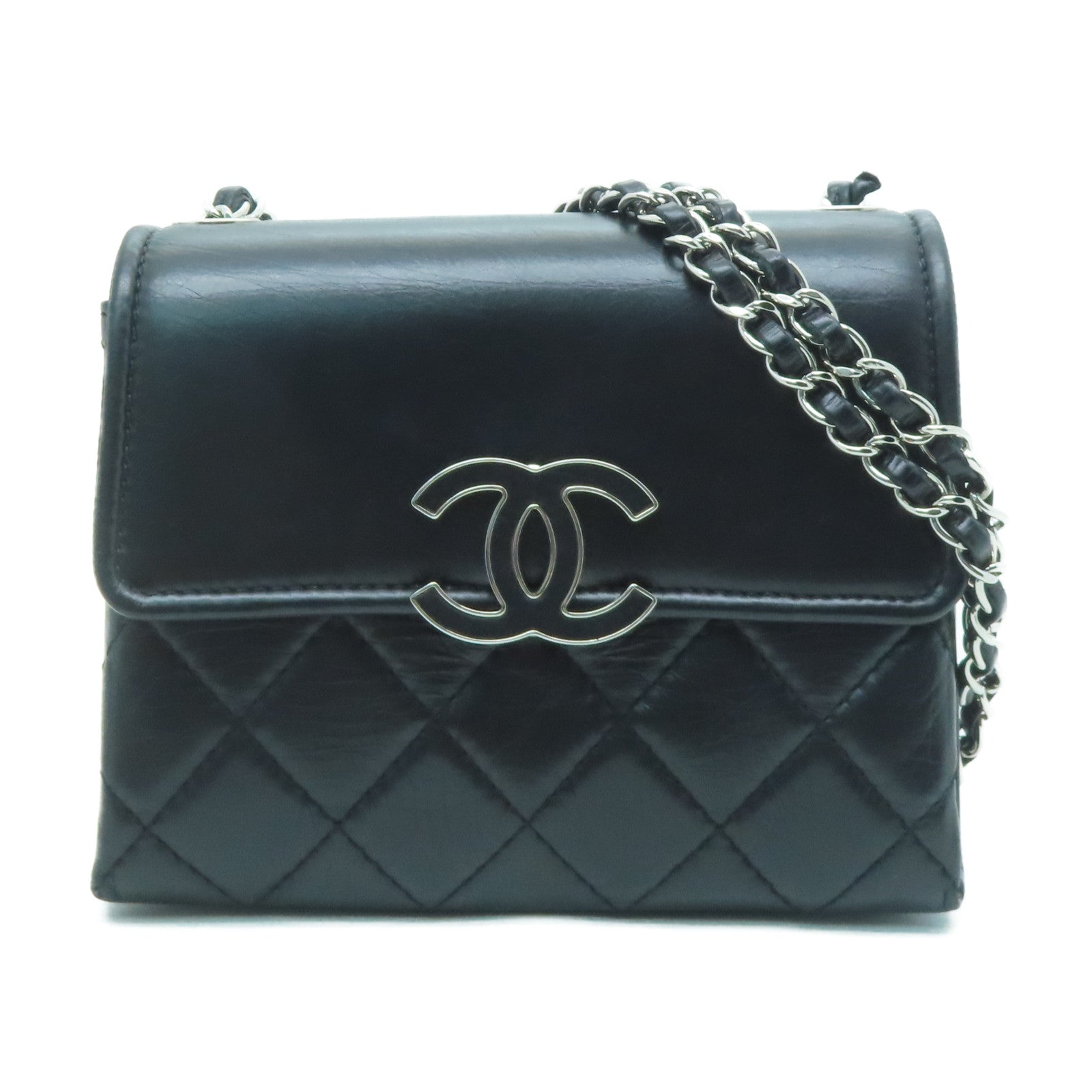 CHANEL 菱格牛皮皮革Chain Shoulder銀扣鏈帶肩背袋黑色