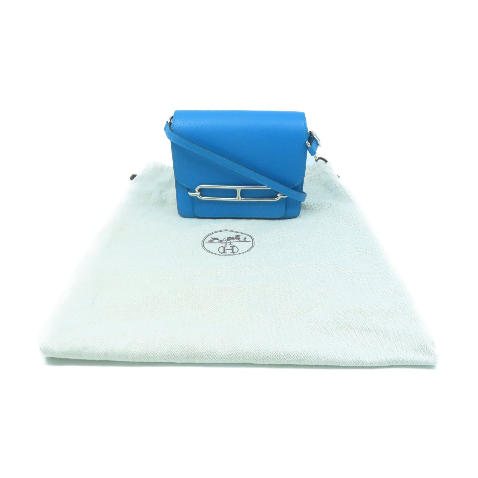 HERMES Evercolor Leather Mini Roulis Silver Buckle Shoulder Bag Tanzania Blue