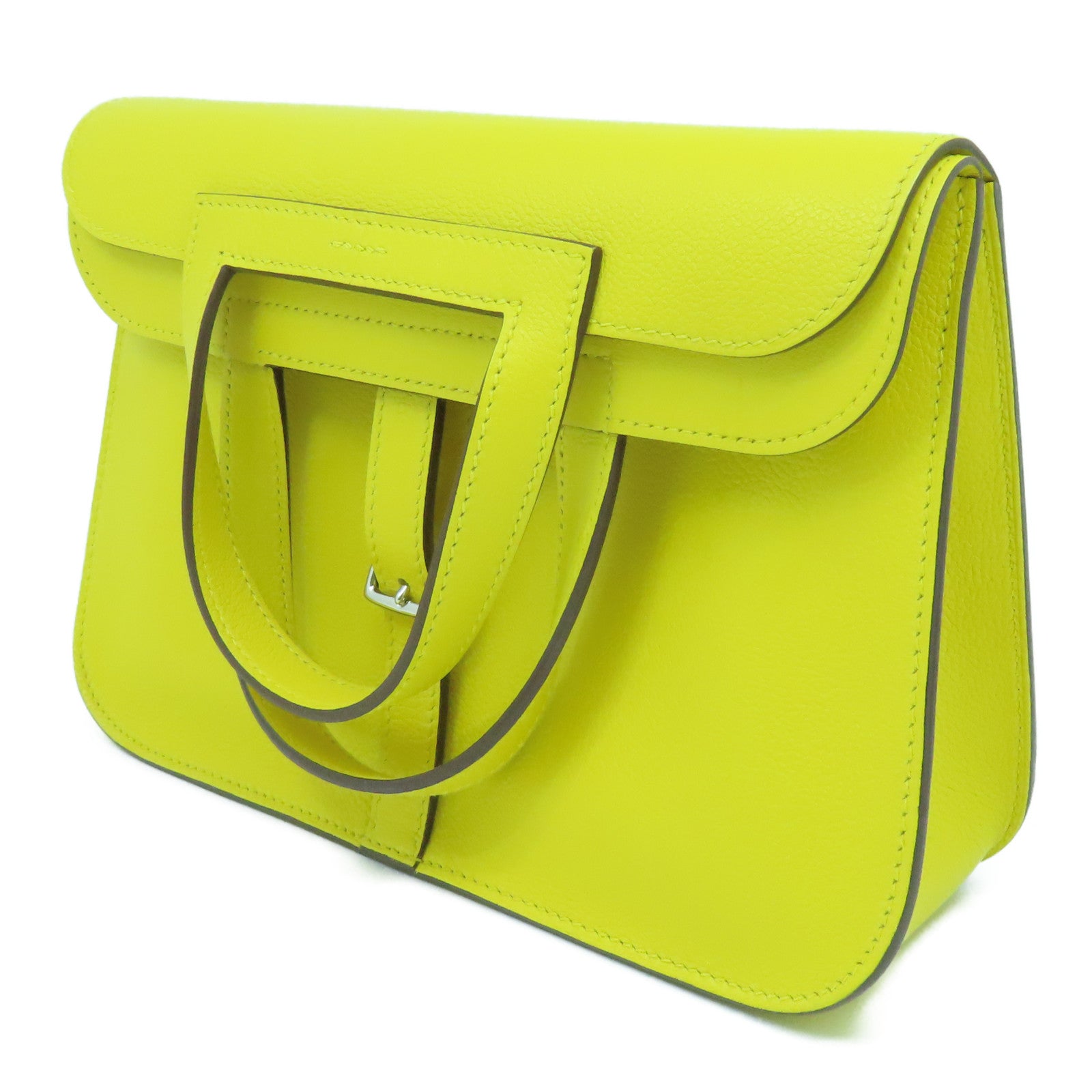 HERMES Evercolor皮革Halzan 25銀扣手挽肩背兩用袋Jaune De Naples那不勒斯黄色