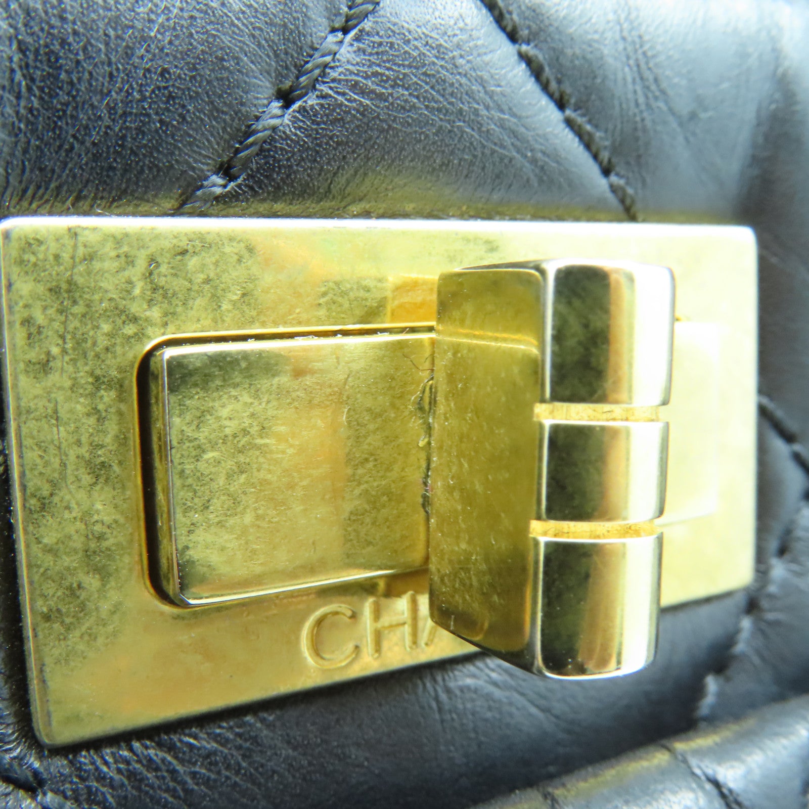 CHANEL Rhombus Aged Calf Leather 2.55 Gold Buckle Shoulder Bag Black