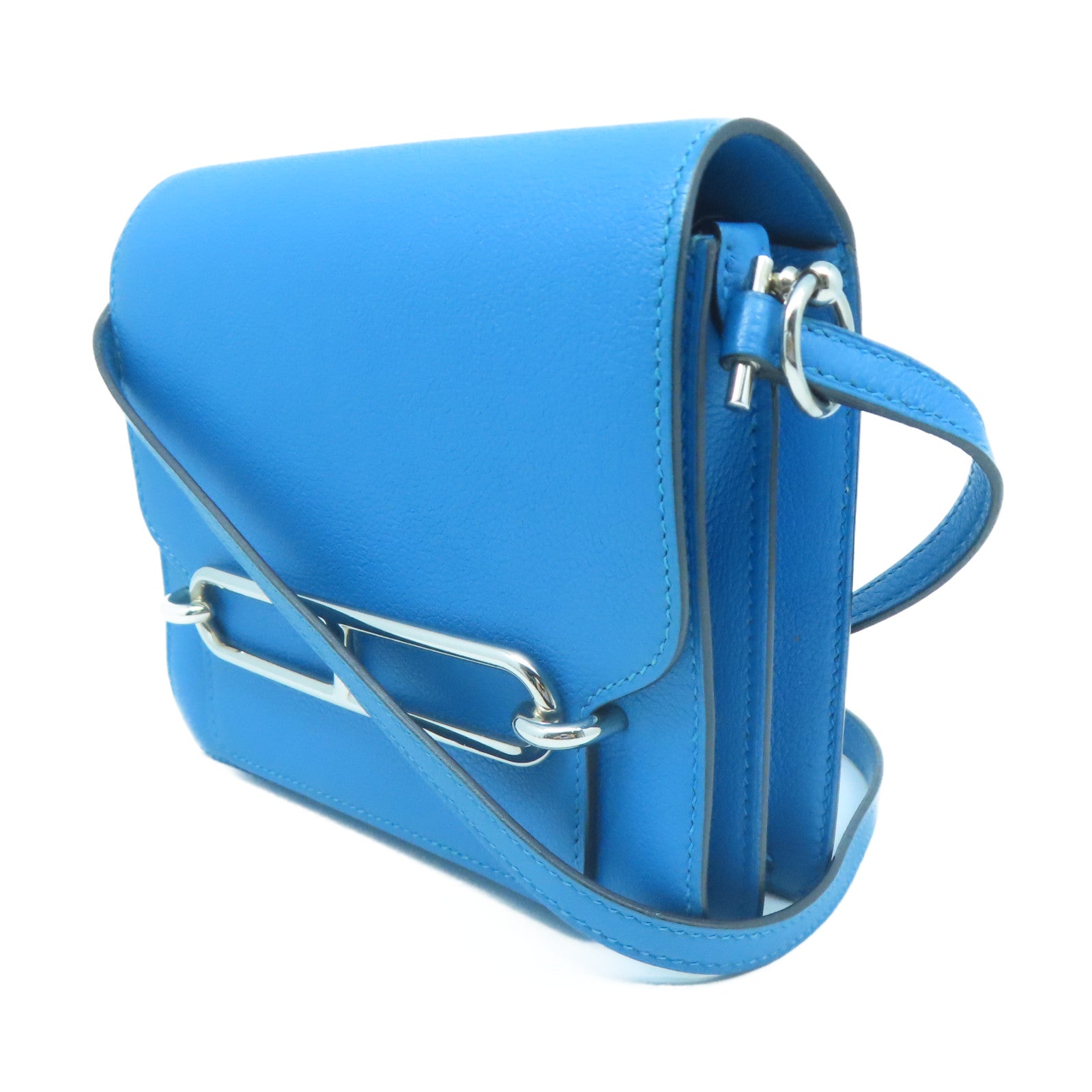HERMES Evercolor Leather Mini Roulis Silver Buckle Shoulder Bag Tanzania Blue