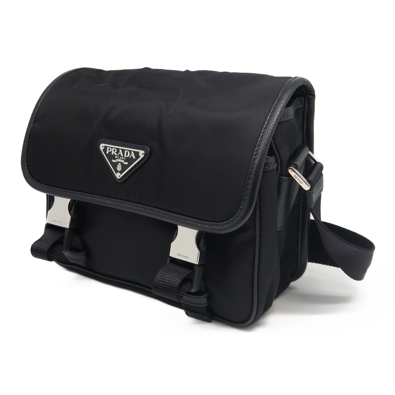 PRADA 再生尼龍/Saffiano皮革Shoulder Bag銀扣肩背袋黑色