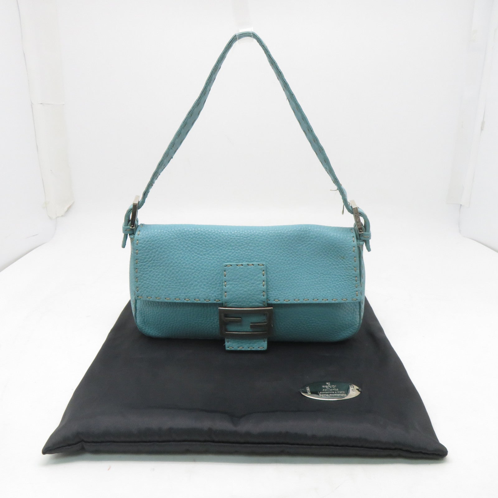 FENDI 牛皮皮革Shoulder Bag銀扣肩背袋藍色