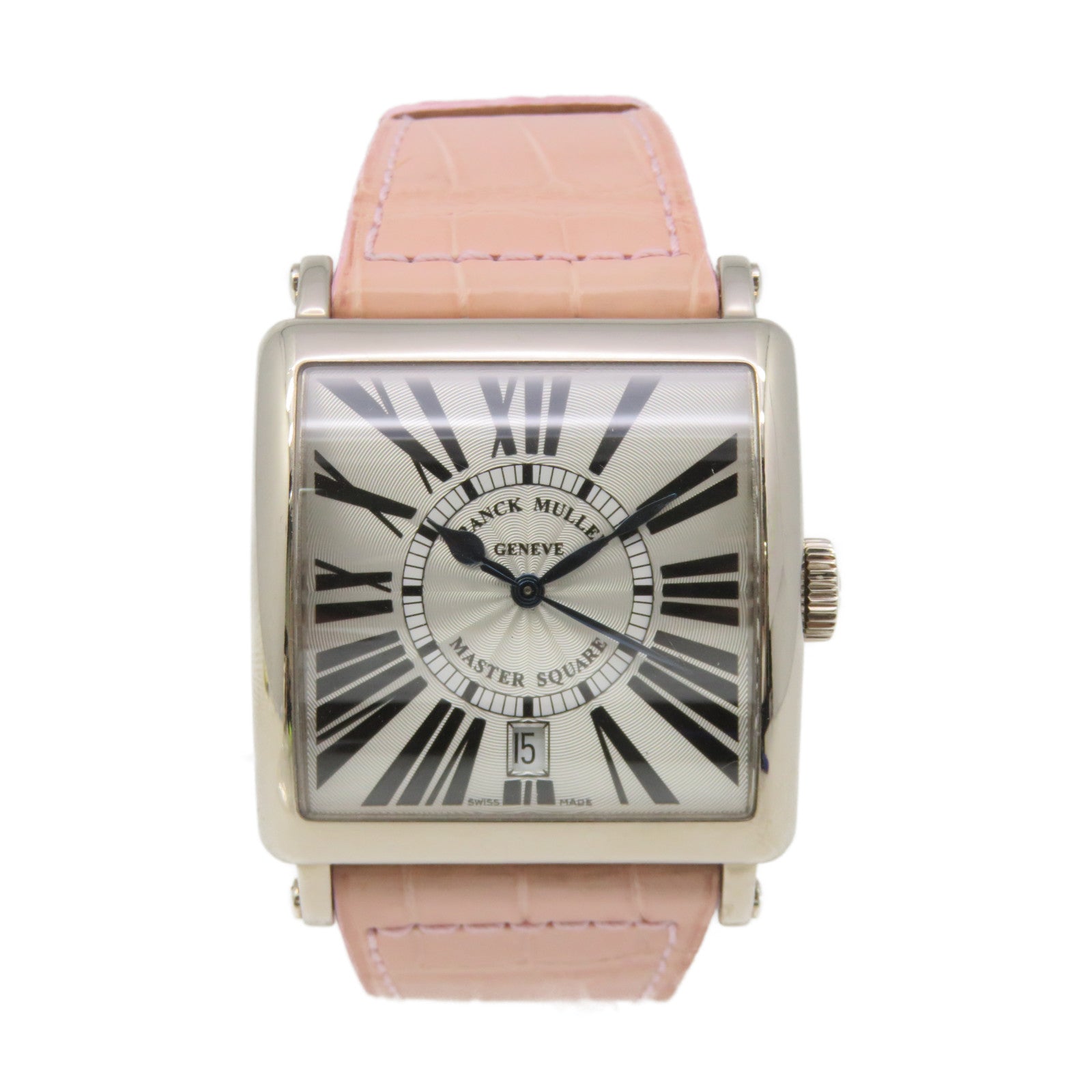FRANCK MULLER Master Square Watch不鏽鋼/鱷魚皮革帶自動機芯手錶米白色/粉紅色