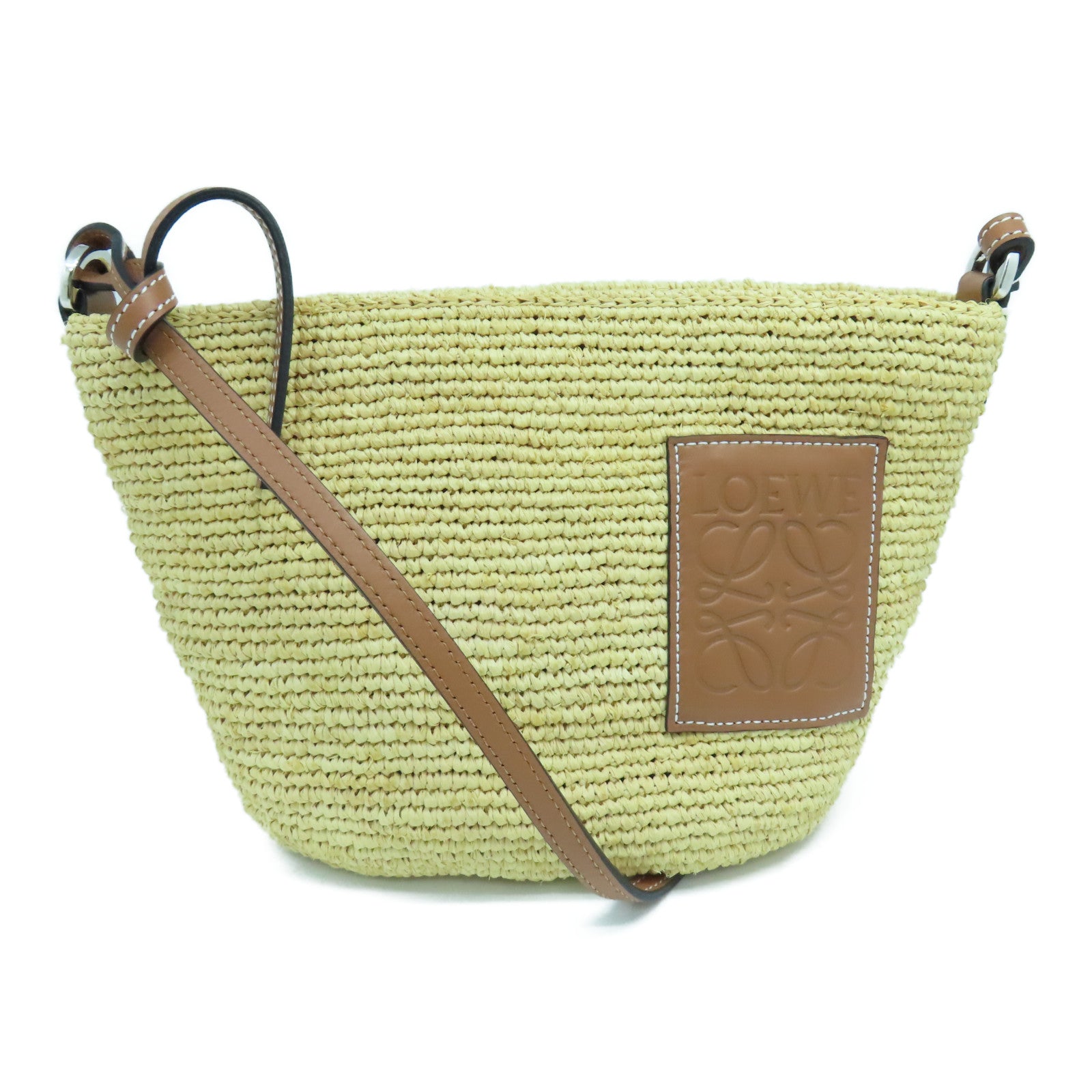 LOEWE 酒椰/皮革Basket Shoulder Bag銀扣肩背袋黃色/啡色