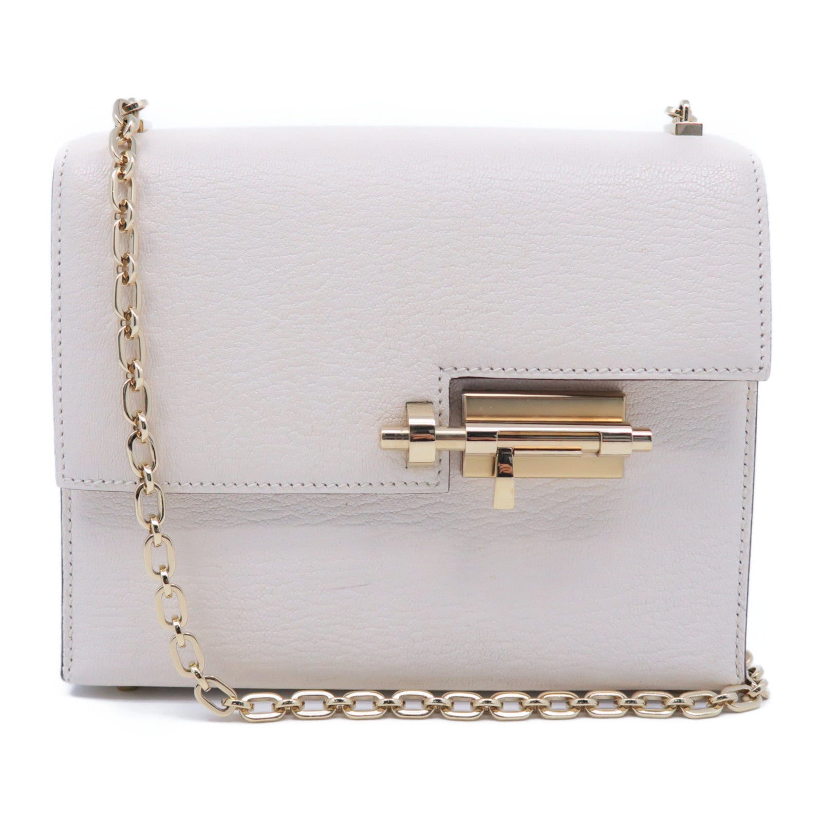 HERMES Chevre皮革Mini Verrou金扣鏈帶肩背袋Nata奶油白色