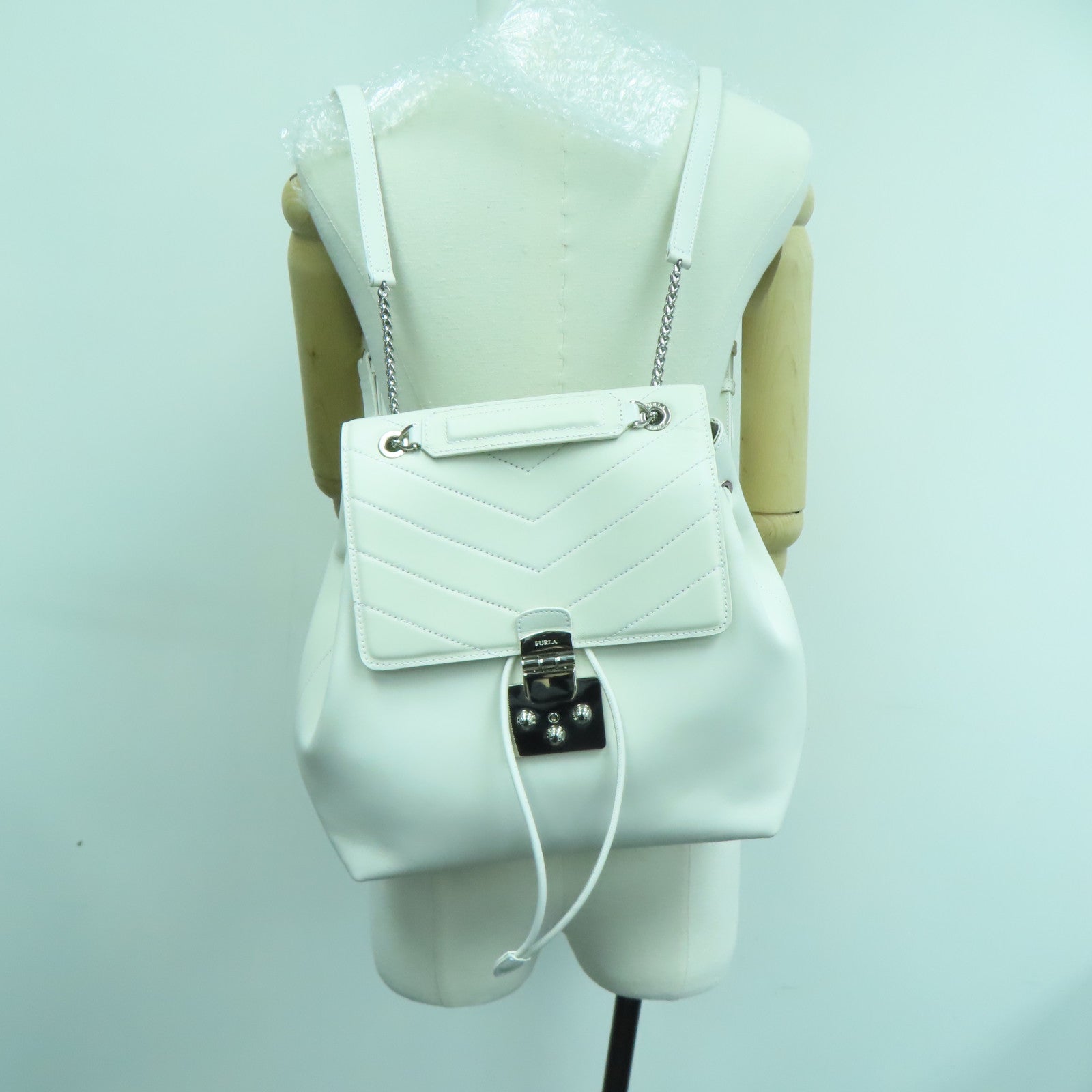 Furla Leather Backpack Silver Buckle White