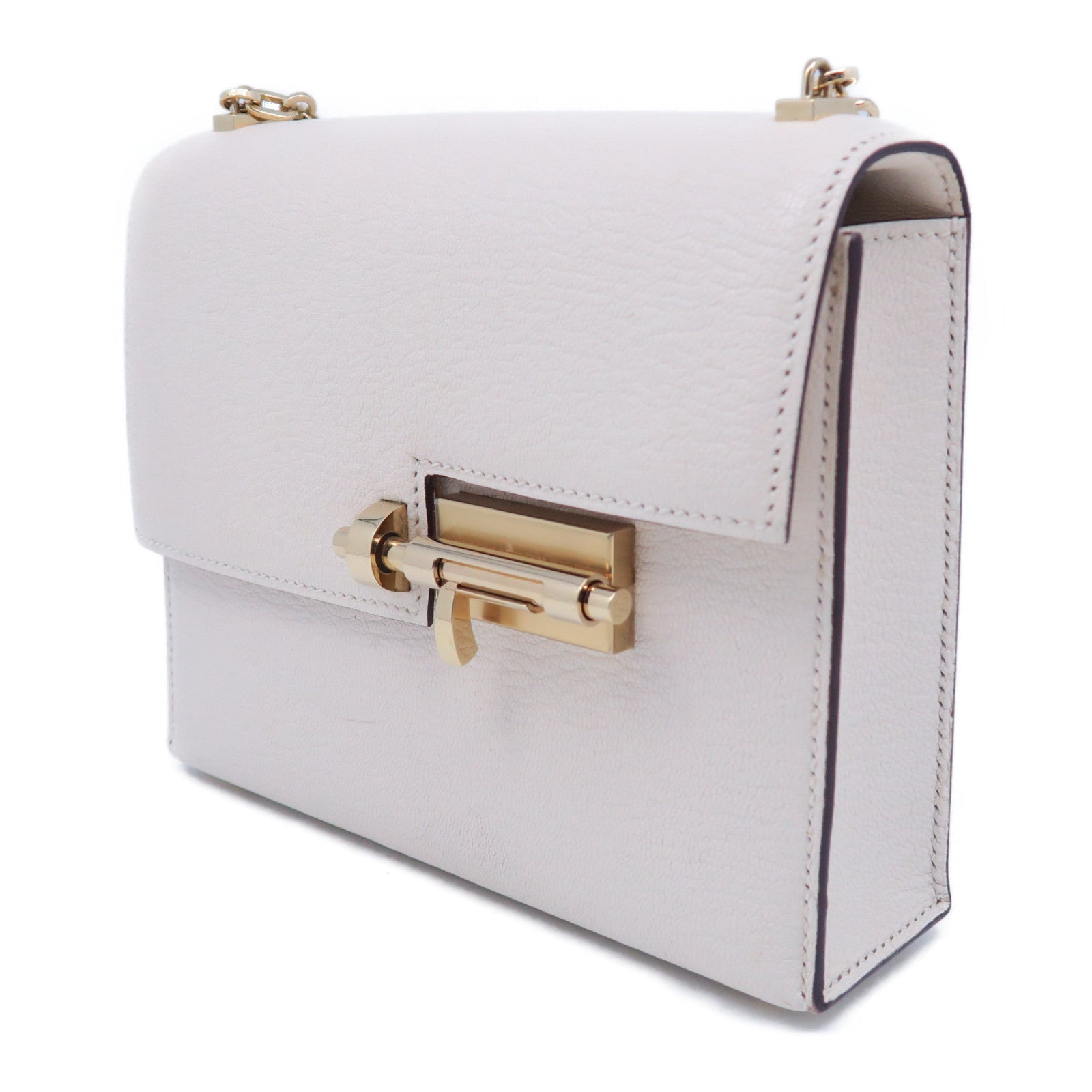 HERMES Chevre皮革Mini Verrou金扣鏈帶肩背袋Nata奶油白色