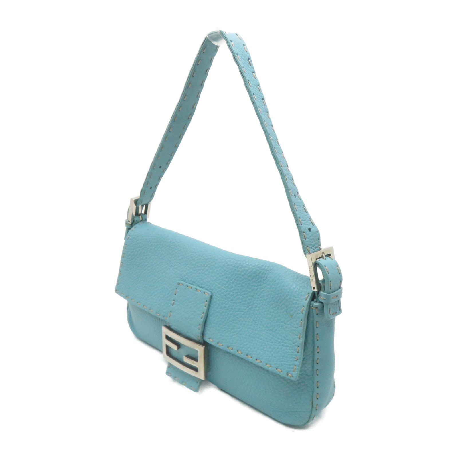 FENDI 牛皮皮革Shoulder Bag銀扣肩背袋藍色
