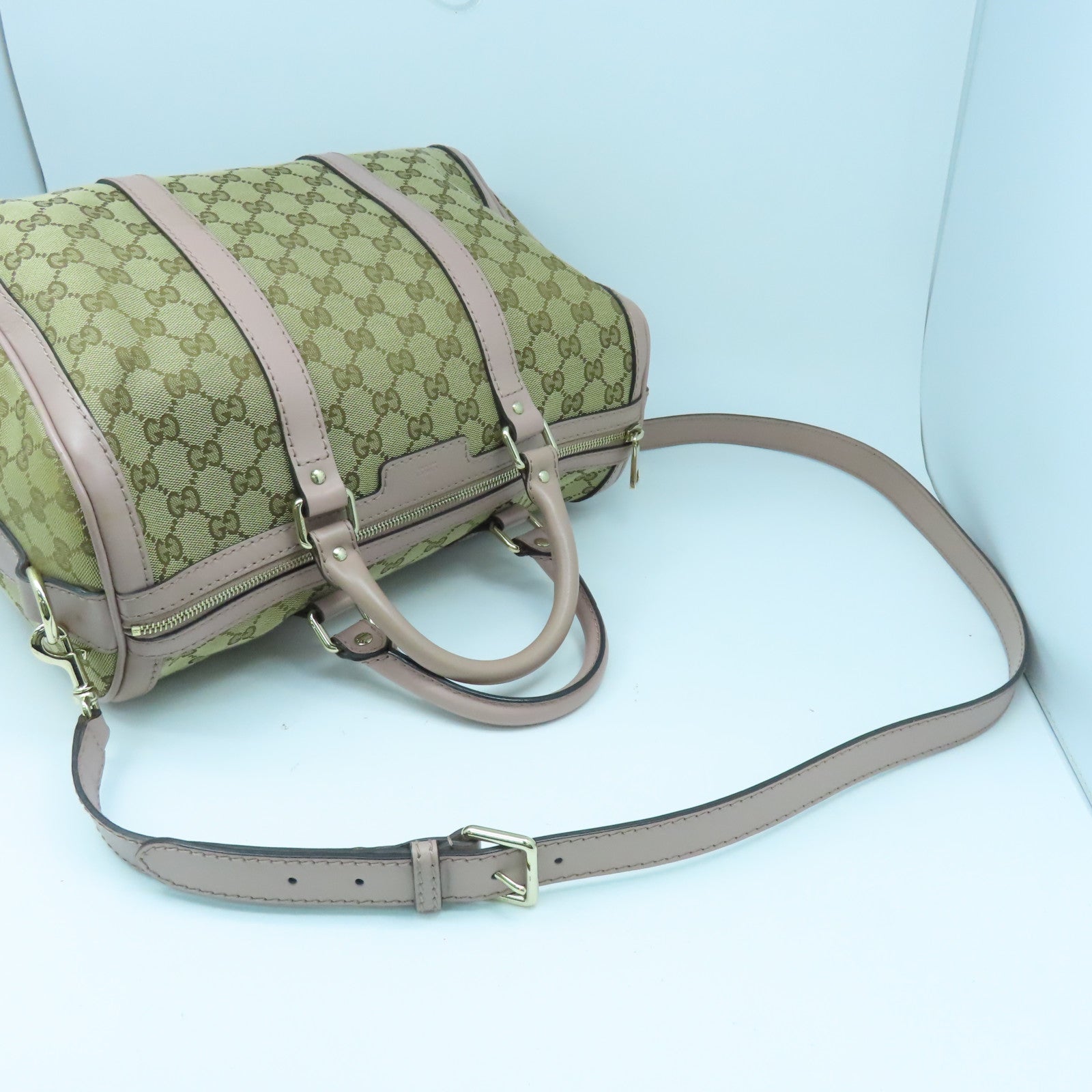 GUCCI 帆布2way Shoulder Bag金扣手挽肩背兩用袋啡色/粉紅色
