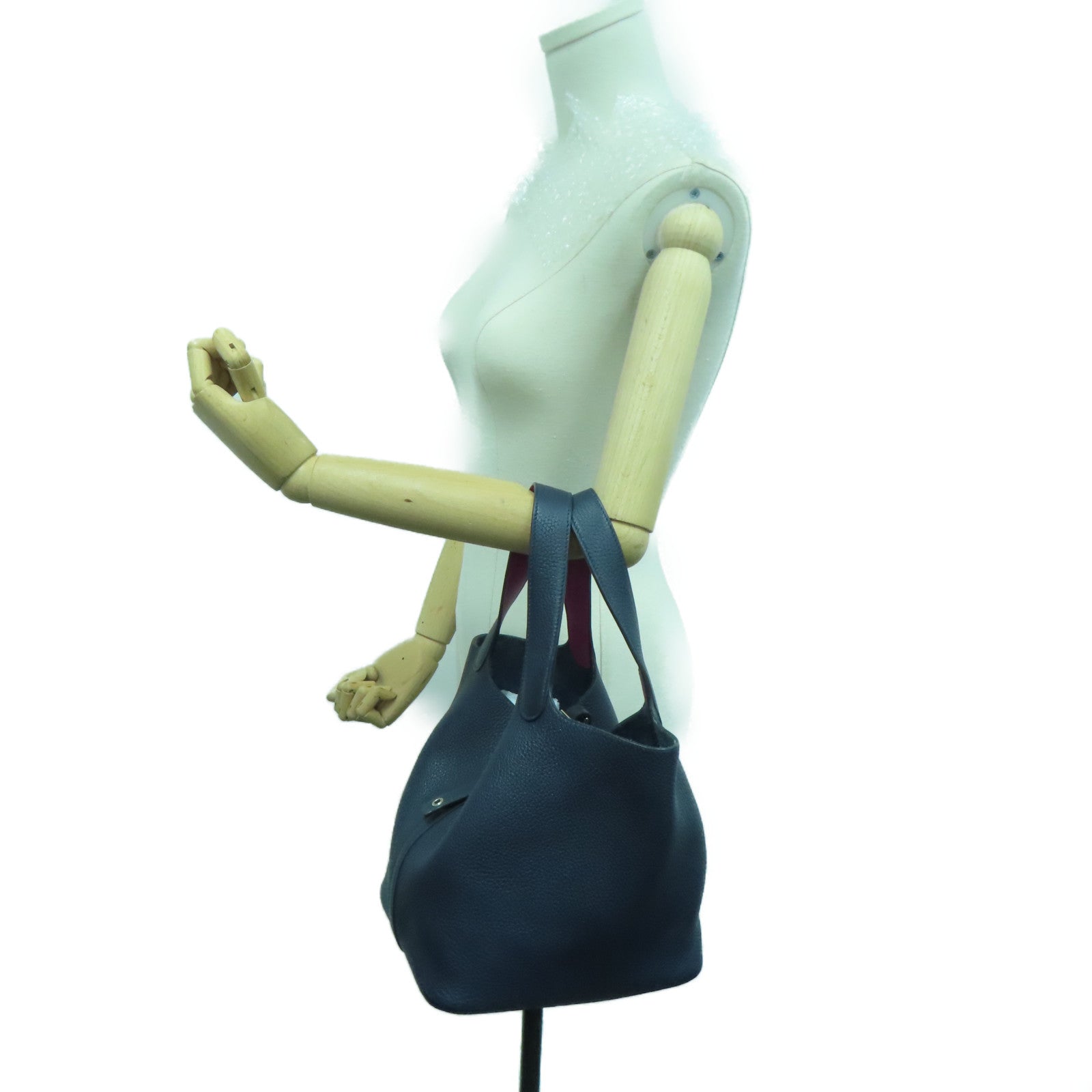 HERMES [Sharp Discount] Clemence Leather Picotin MM Silver Buckle Hand Bag Blue