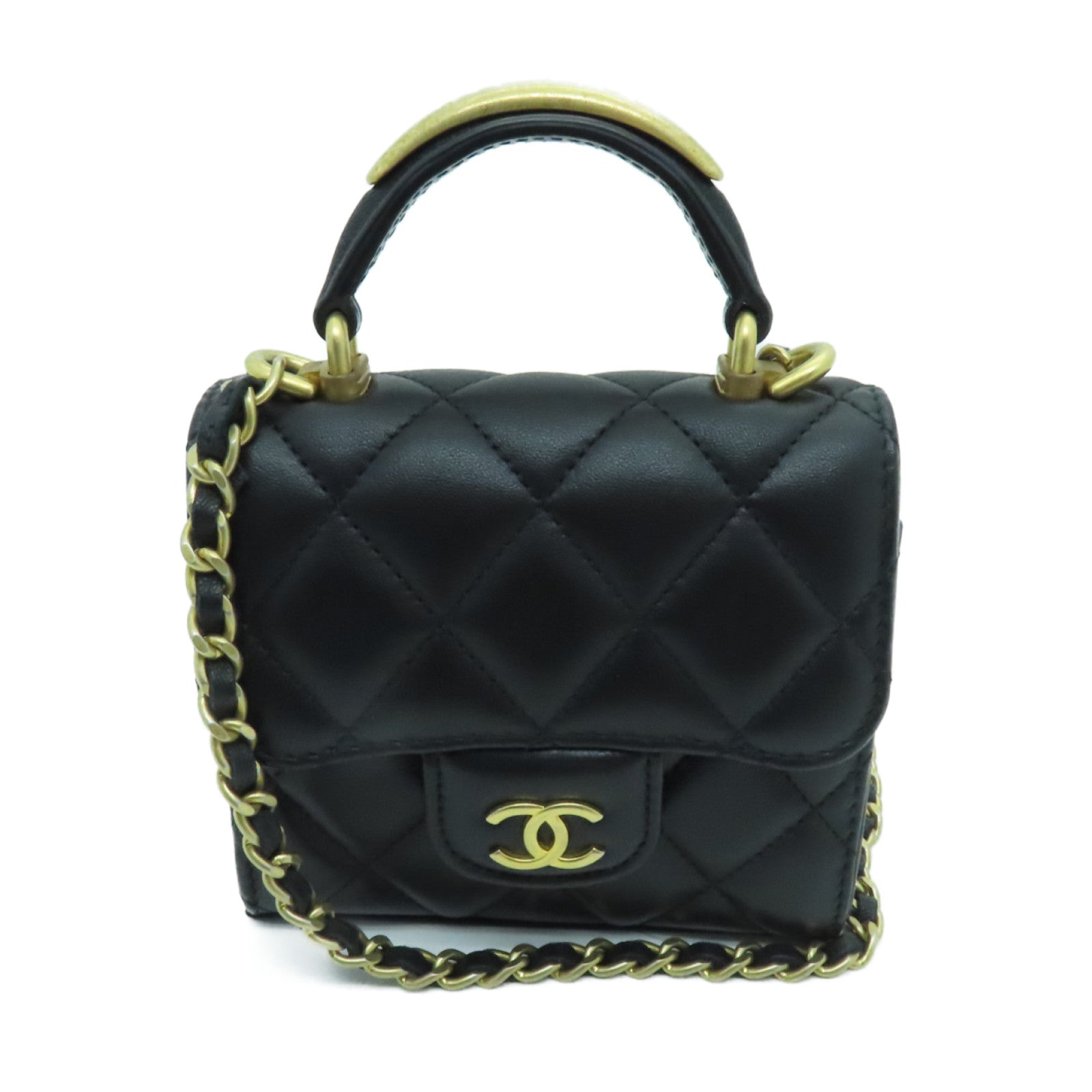 CHANEL 菱格羊皮皮革Chain Shoulder Bag金扣鏈帶肩背袋黑色