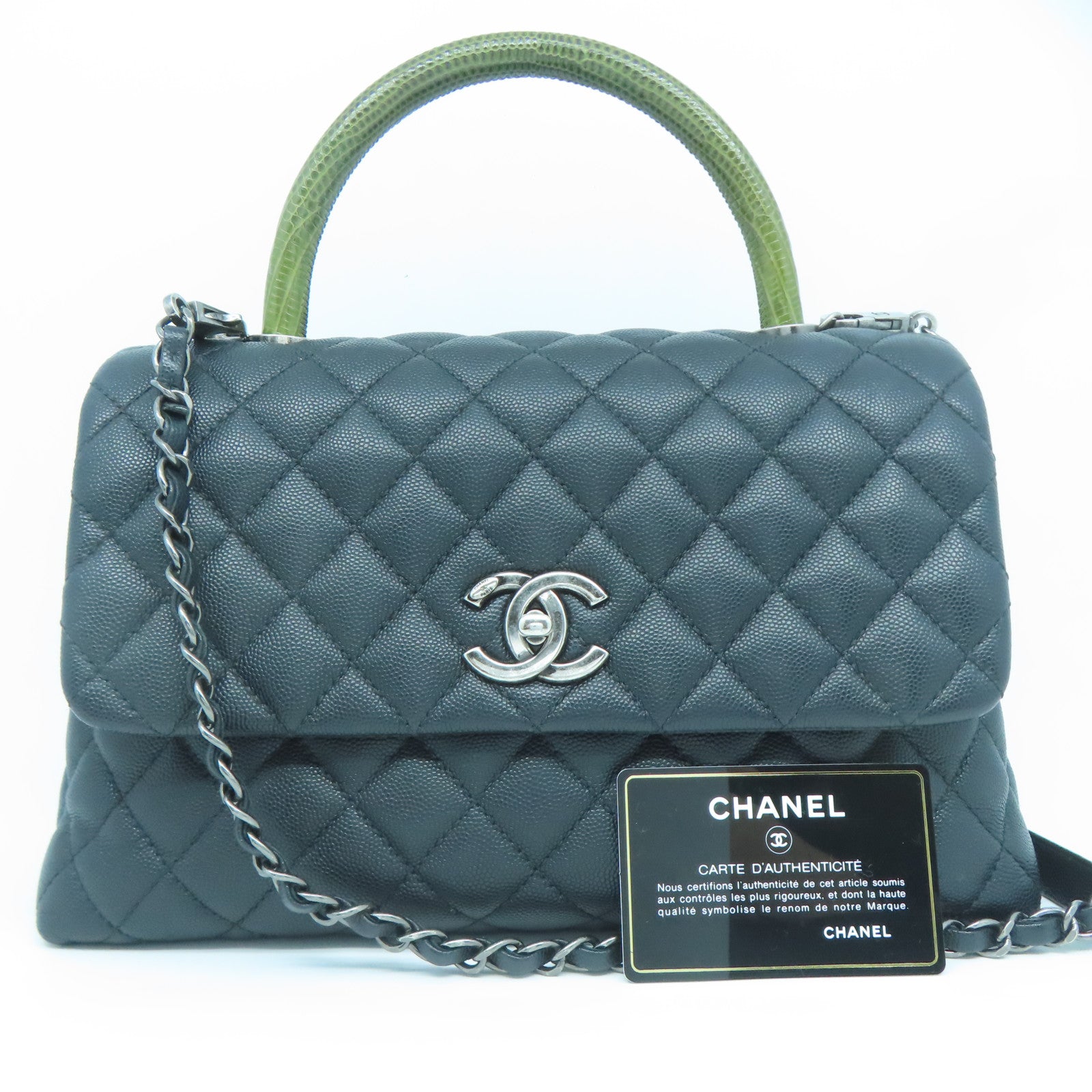 CHANEL 菱格Caviar皮革Coco Handle銀扣鏈帶手挽肩背兩用袋黑色