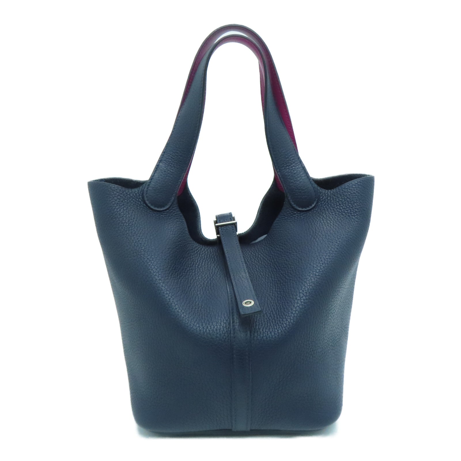 HERMES [Sharp Discount] Clemence Leather Picotin MM Silver Buckle Hand Bag Blue