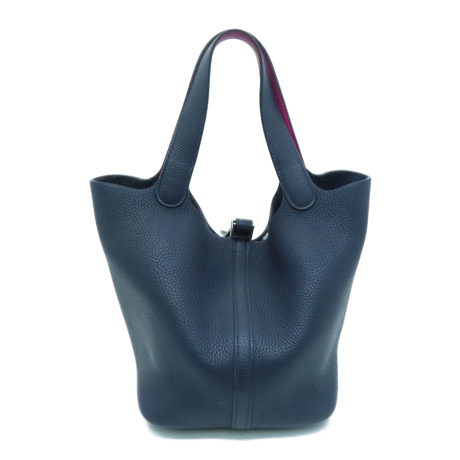 HERMES [Sharp Discount] Clemence Leather Picotin MM Silver Buckle Hand Bag Blue