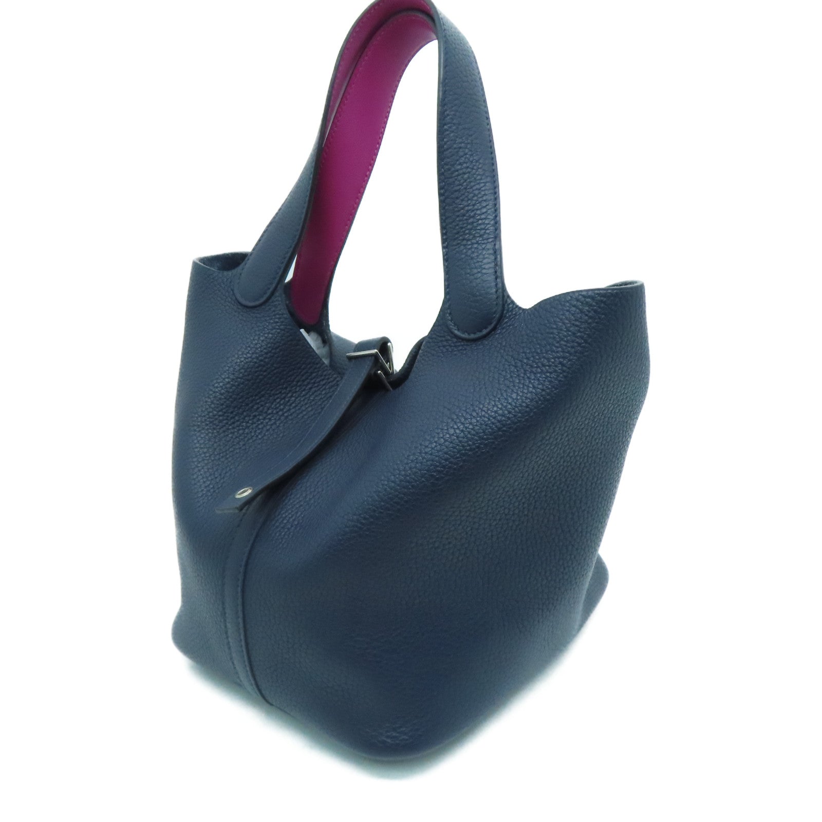 HERMES [Sharp Discount] Clemence Leather Picotin MM Silver Buckle Hand Bag Blue