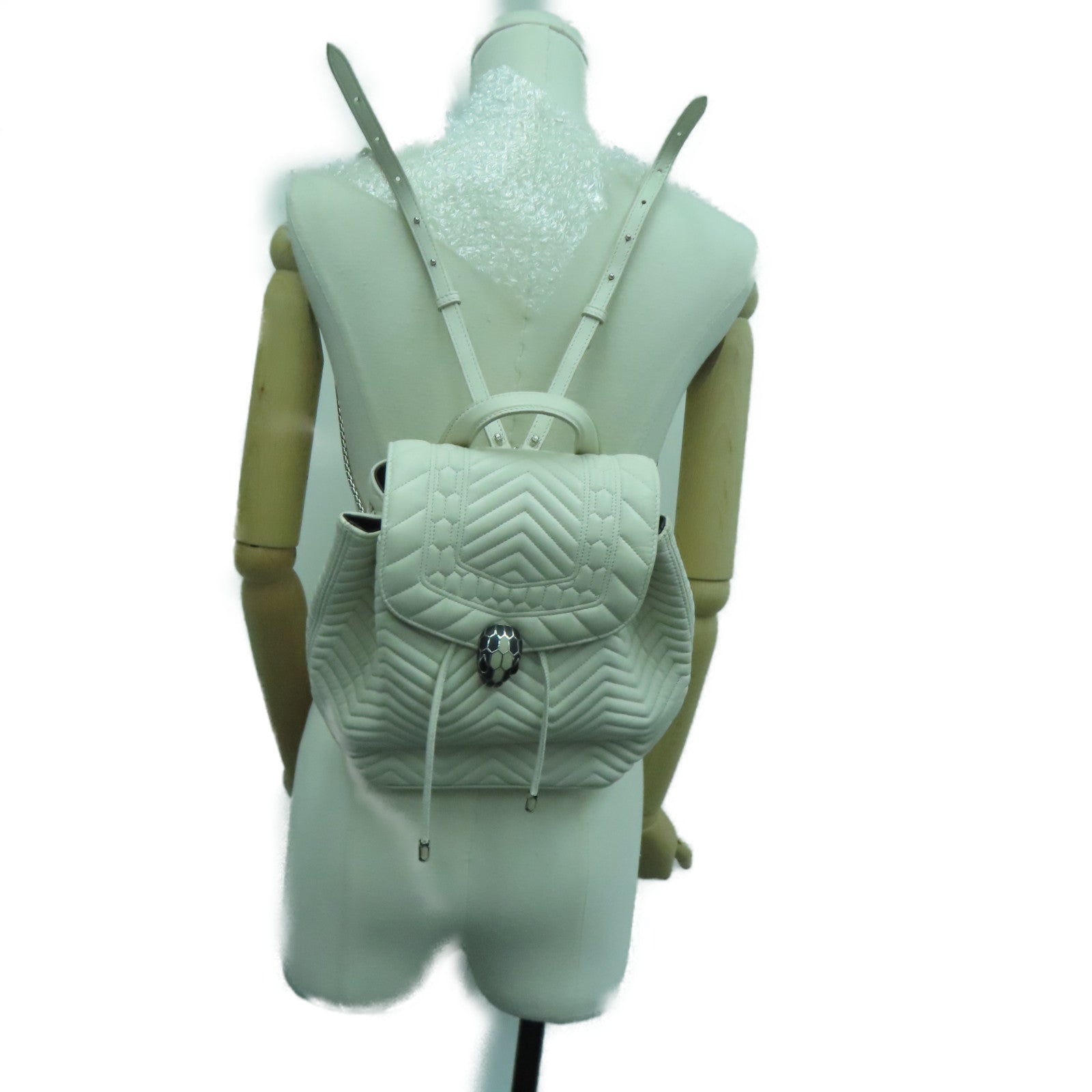 BVLGARI [sharp discount] twill cowhide leather Backpack silver buckle backpack white
