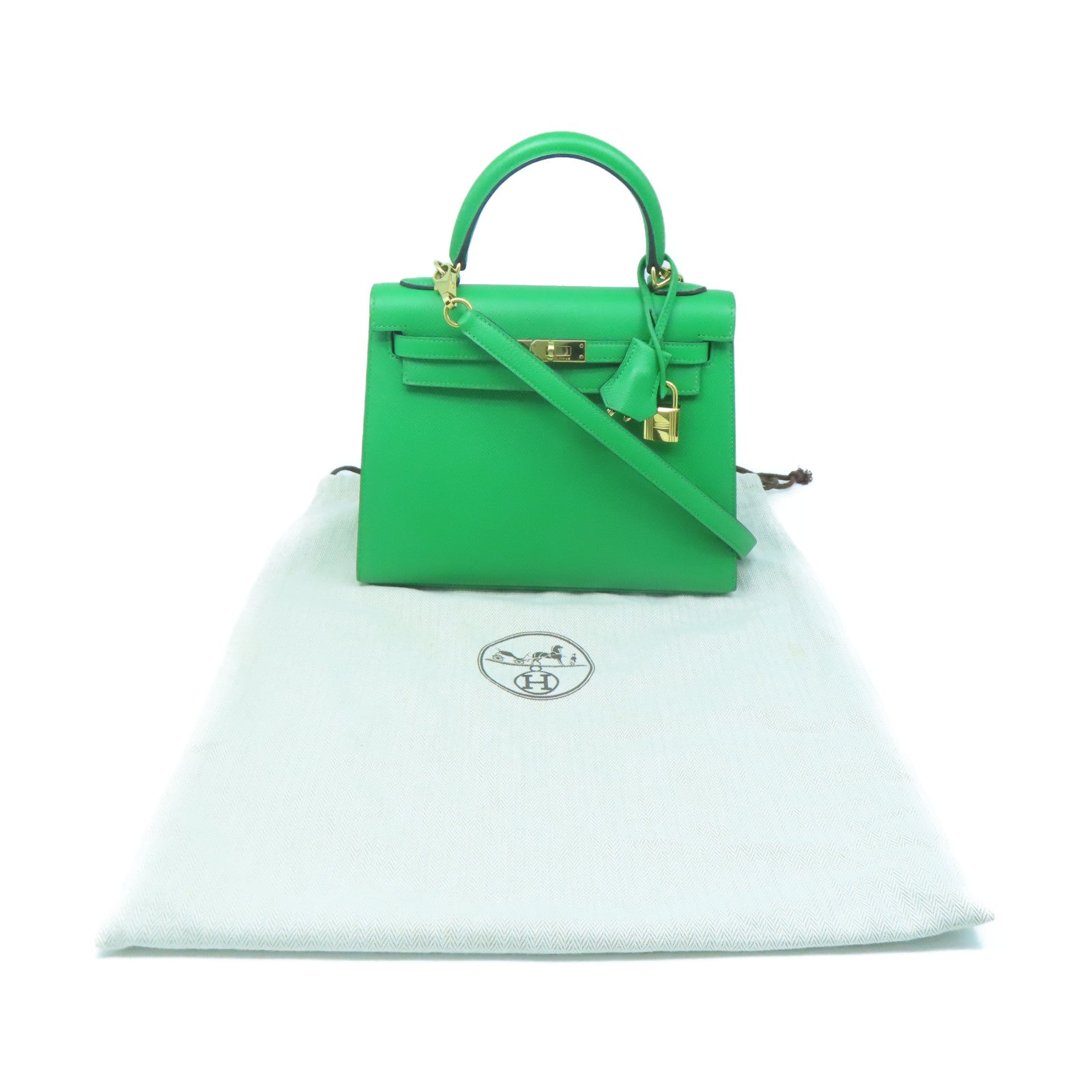HERMES Epsom Leather Kelly 25 Gold Buckle Handle Shoulder Bag Bamboo Green