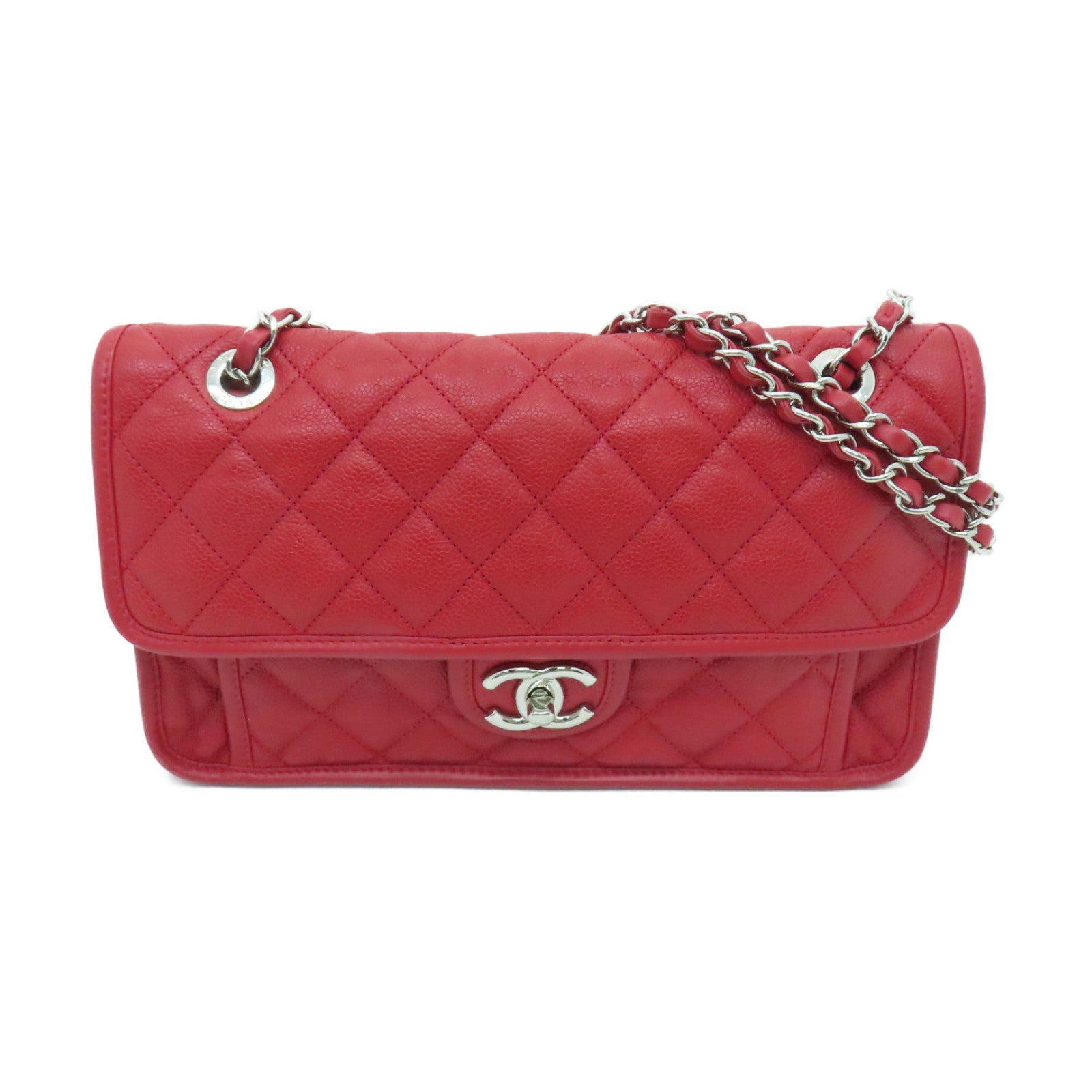 CHANEL 菱格牛皮皮革Chain Shoulder Bag銀扣鏈帶肩背袋紅色
