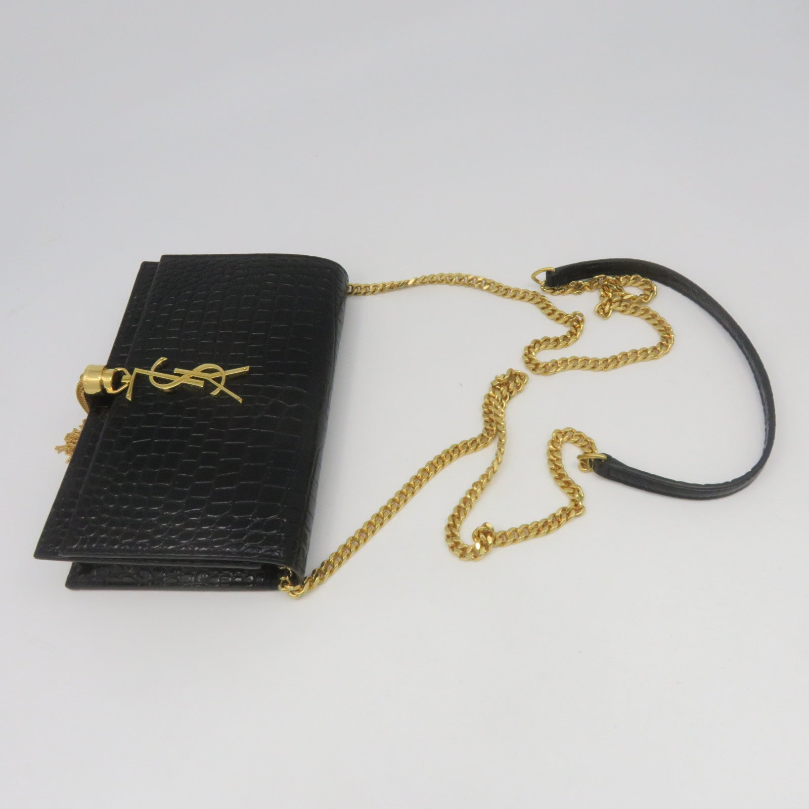 SAINT LAURENT 牛皮皮革Chain Shoulder金扣鏈帶肩背袋黑色